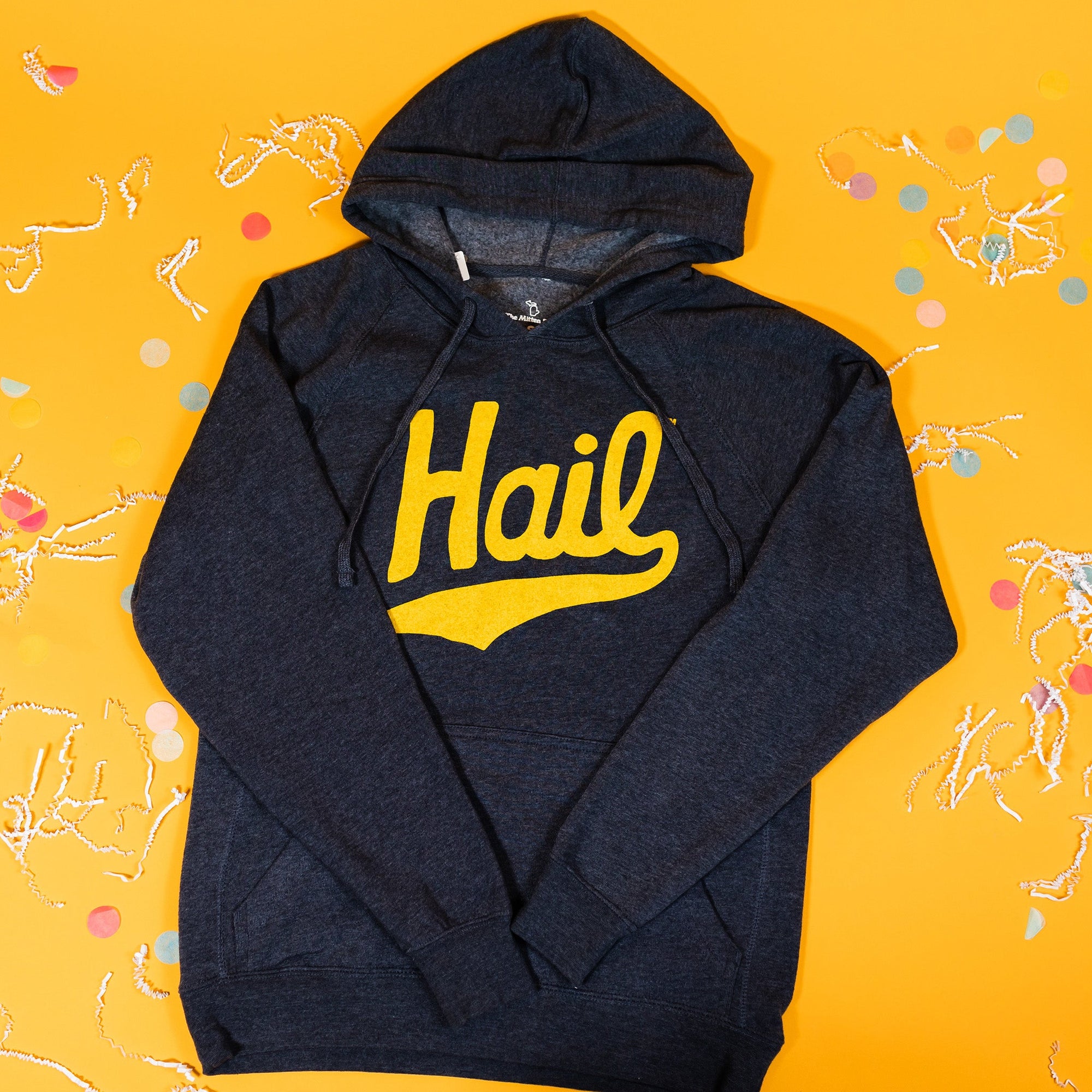 On a sunny mustard background sits a sweatshirt with white crinkle and big, colorful confetti scattered around. This navy sweatshirt features a vintage, hand lettered "Hail" in maize.