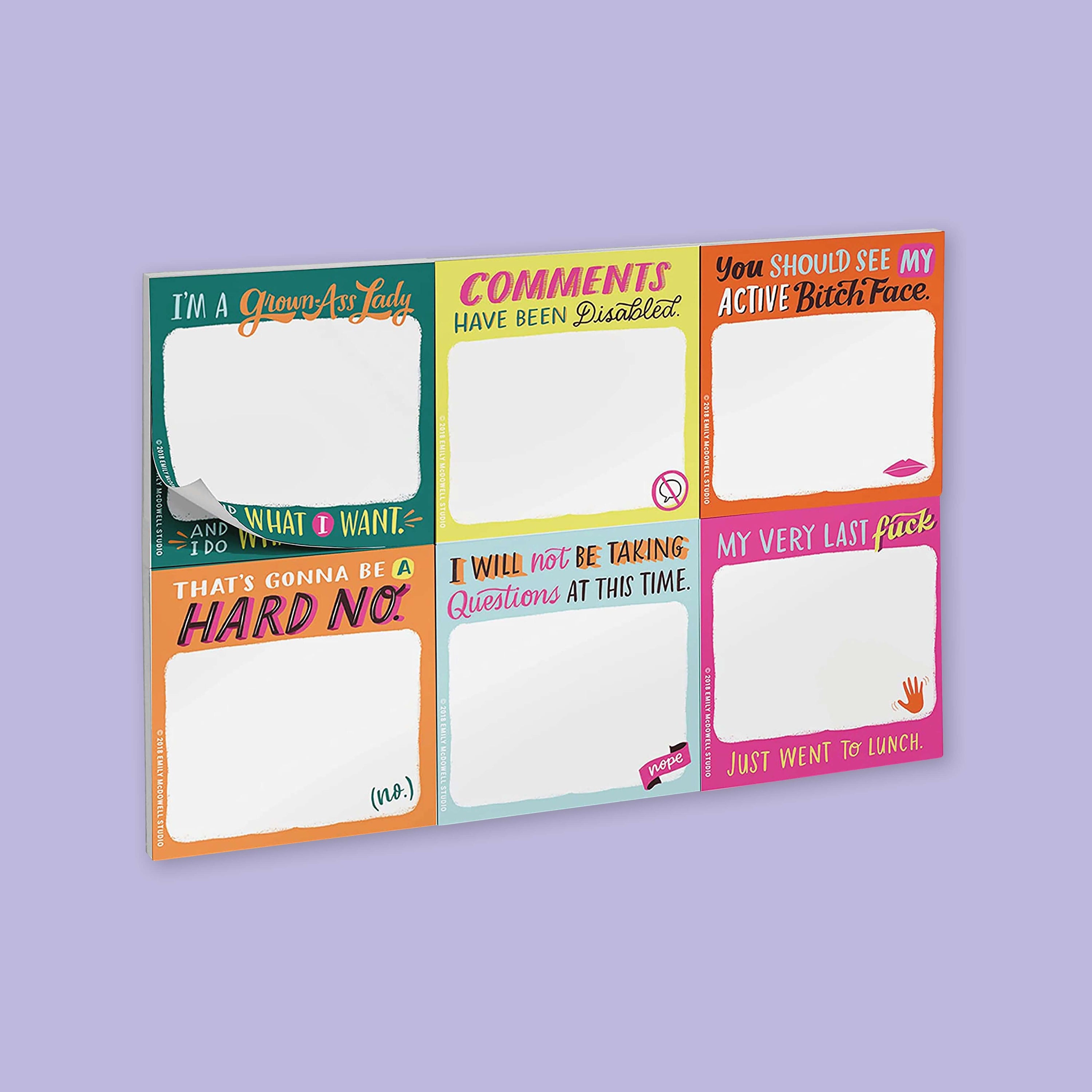 On a lavender background sits six different sticky notes. Each one has different sayings. They are "I'm a grown-ass lady and I do what I want," "Comments have been disabled.," "You should see my active bitch face.," "That's gonna be a hard no.," " I will not be taking questions at this time.," " My very last fuck just went to lunch." all in colorful, handwritten lettering.