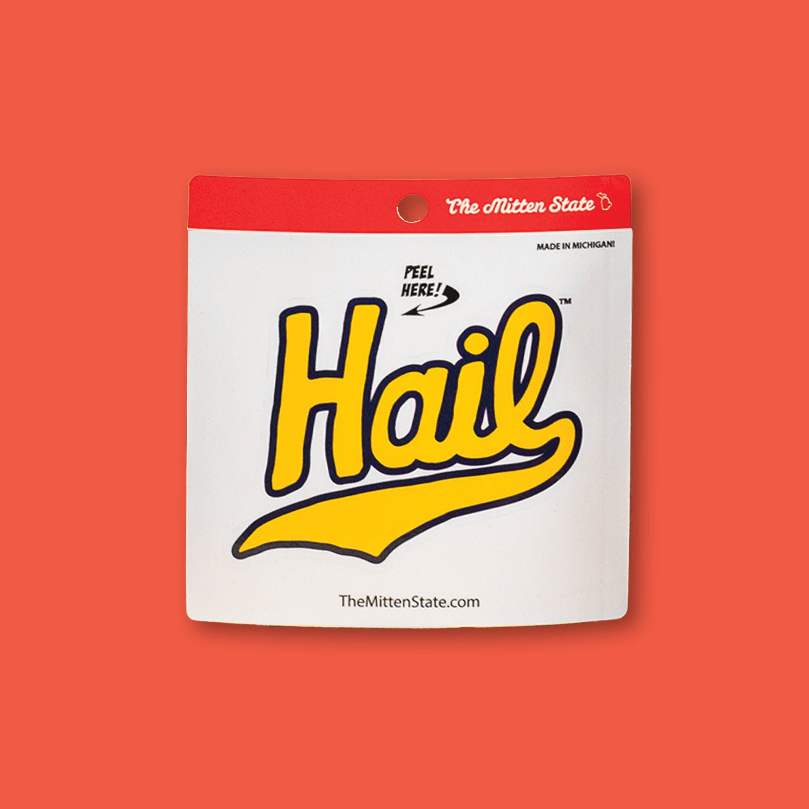 On a tomato red background sits a die-cut sticker of the word "Hail" in yellow script.