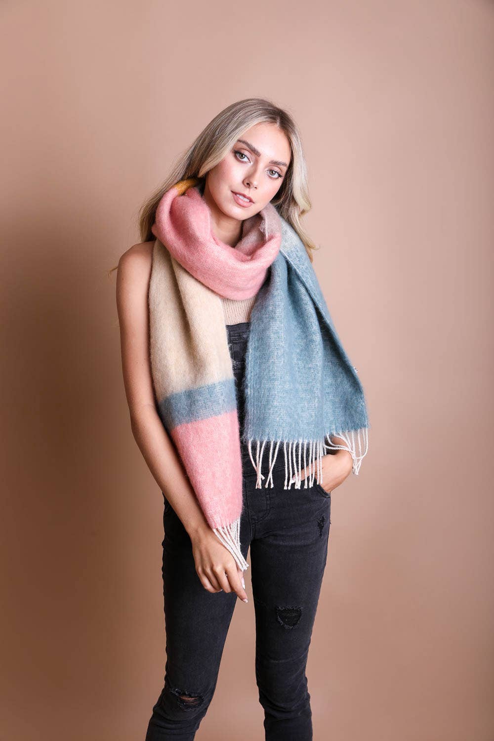 Blue & Oatmeal Faux Mohair Scarf