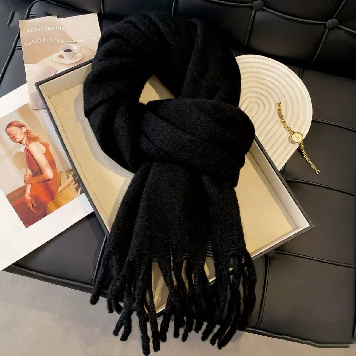 Rose Cozy Knit Soild Scarf with Tassels