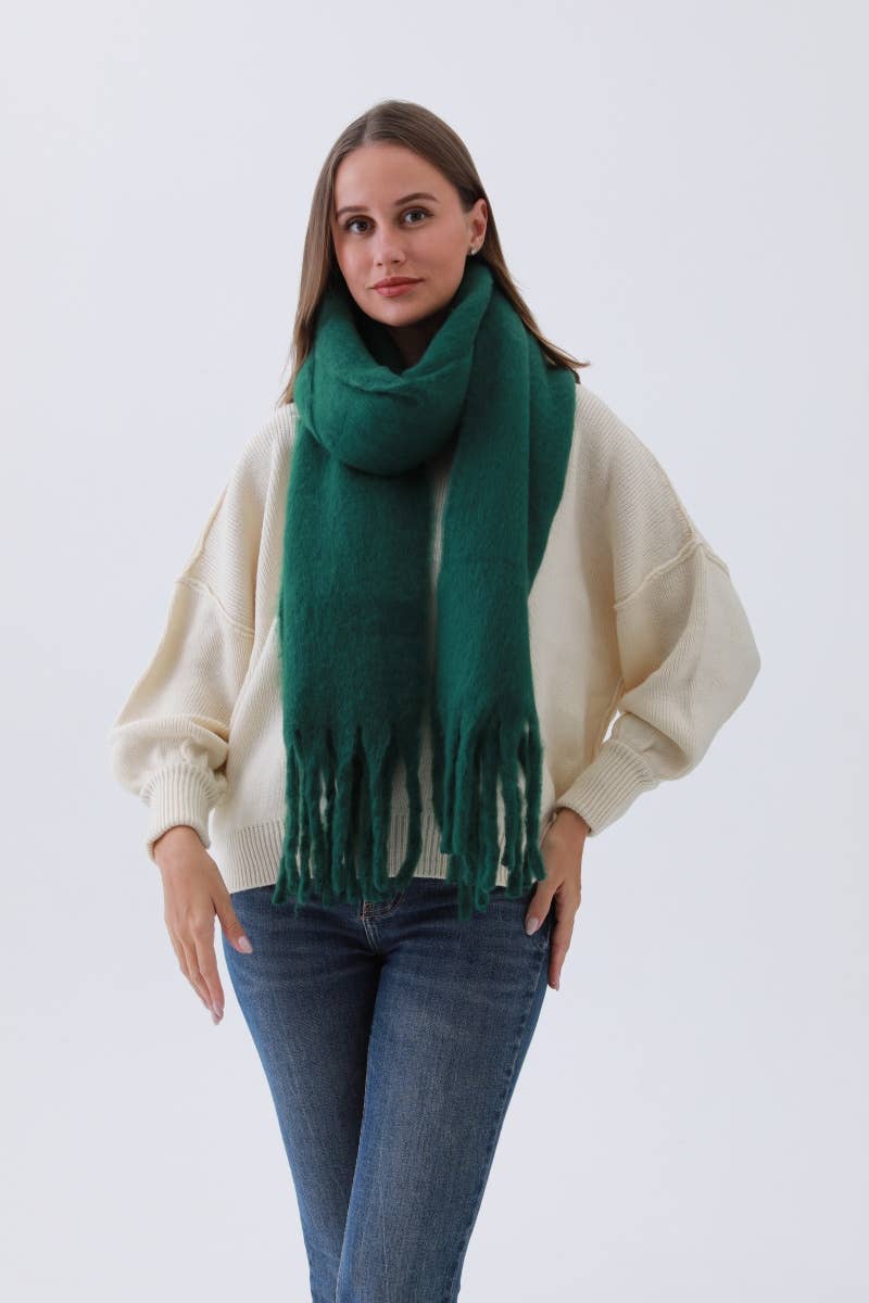 Green Cozy Knit Solid Scarf with Tassels