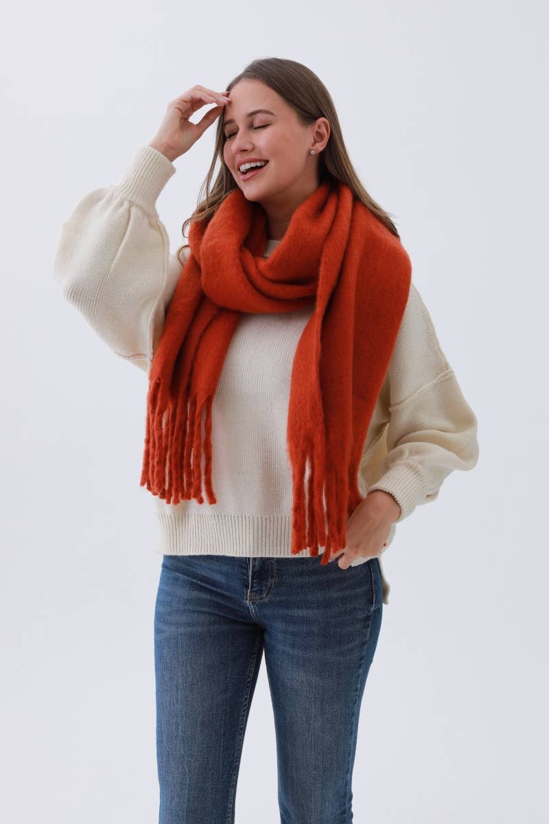 Rose Cozy Knit Soild Scarf with Tassels