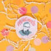 On a sunny mustard background sits a sticker with white crinkle and big, colorful confetti scattered around. This round sticker has an portrait illustration of Ruth Bader Ginsburg on a pink background that says "Notorious" in a pink handdrawn lettering with a red dropshadow. It also says on the bottom "@rockpapermi" in red handwritten lettering and "Rock Paper Scissors" in red handwritten script lettering. 2"x3"