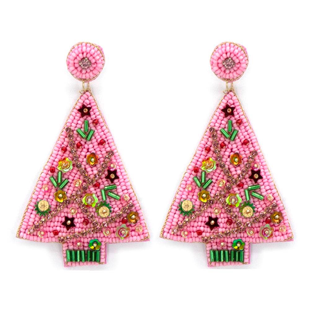 Pink Christmas Tree Seed Bead Earring