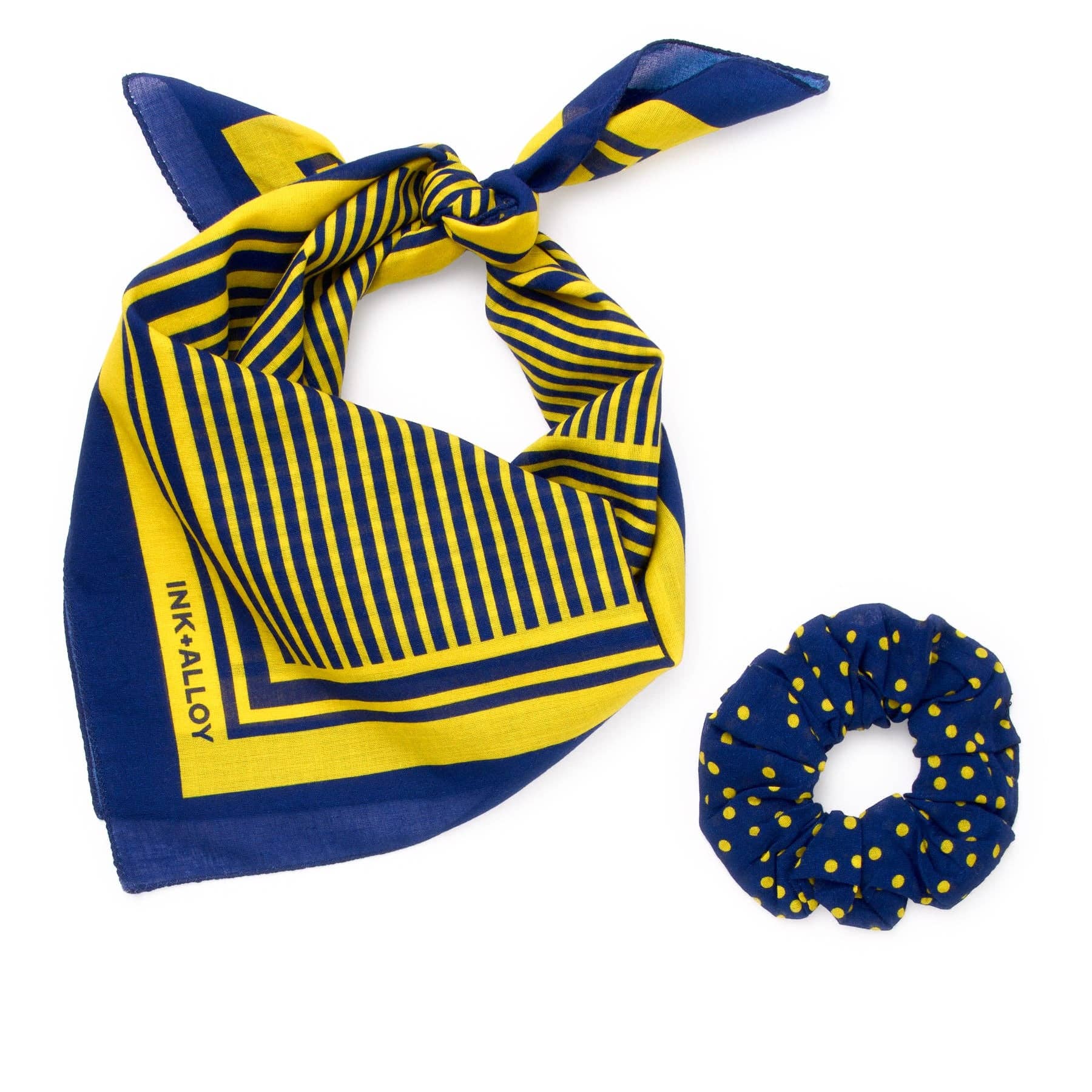 IAF26-Game Day Alternating Stripe Scarf + Scrunchie Yellow + Navy 21x21 Wholesale