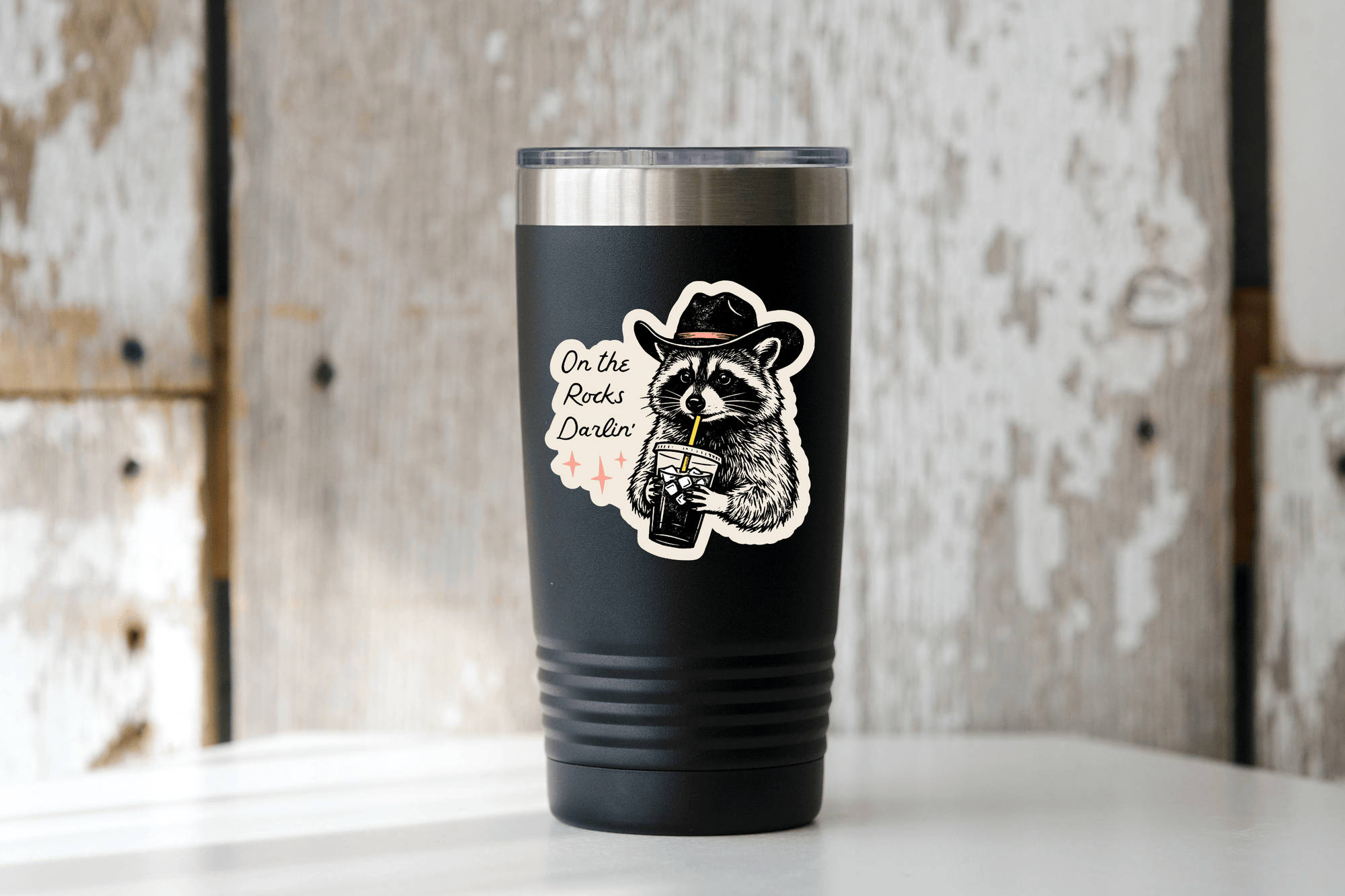 On the Rocks Darlin' Sticker - iced coffee, raccoon, cowboy