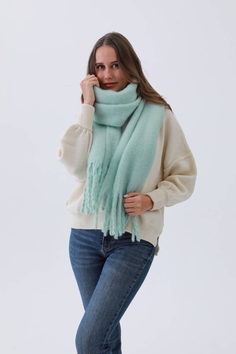 Green Cozy Knit Solid Scarf with Tassels