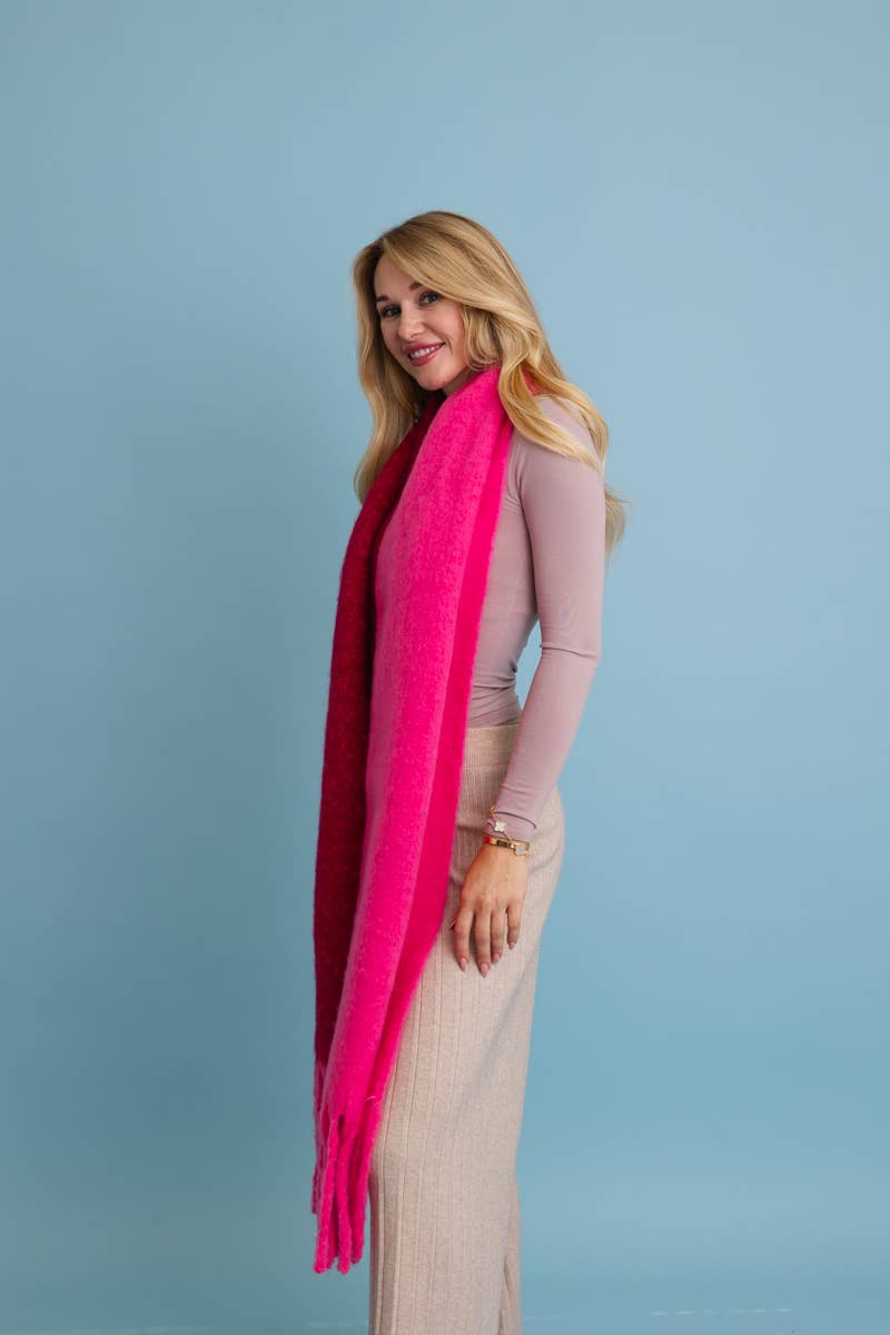 Red & Pink Cozy Solid Two Tone Tassel Scarf