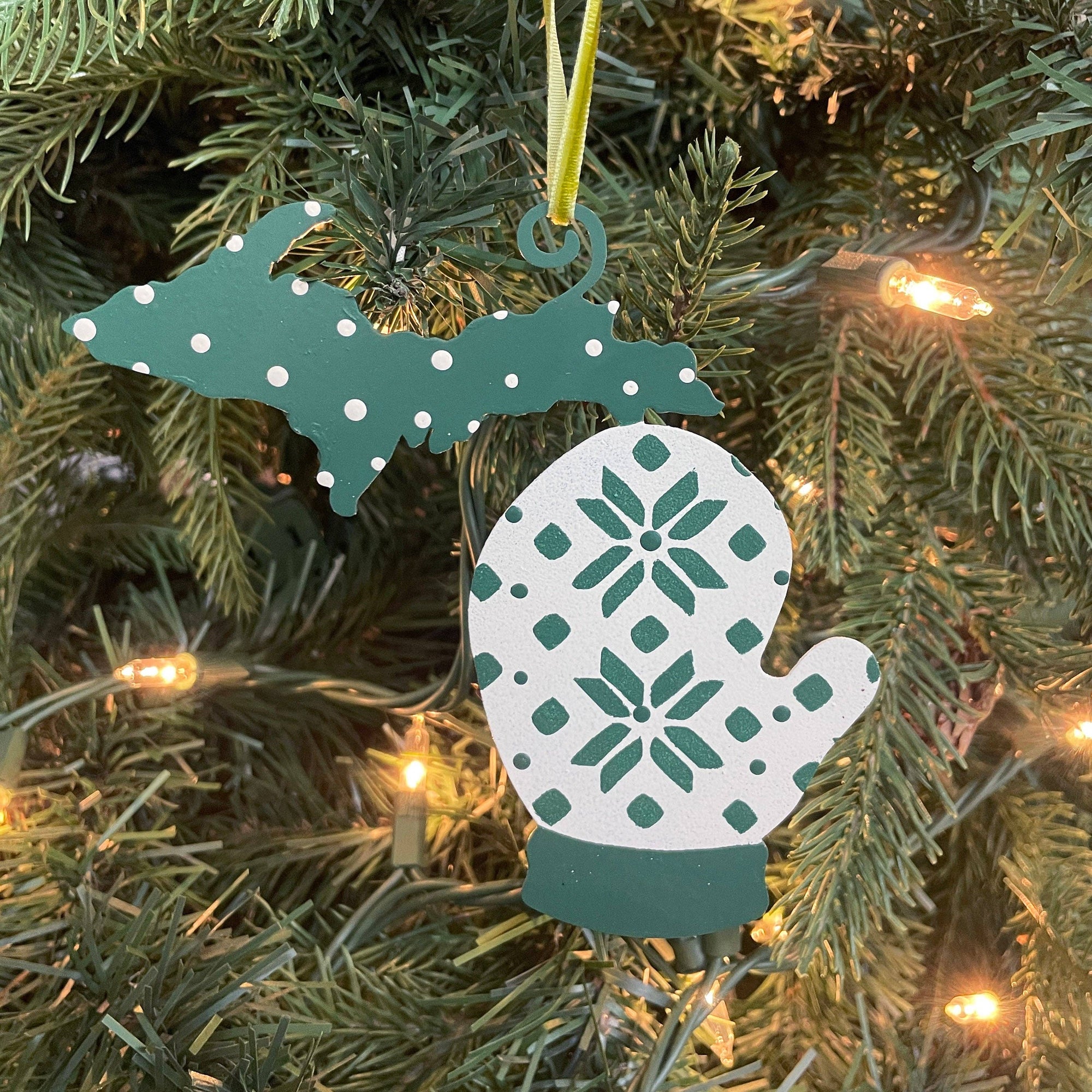 Green & White Michigan Ornament