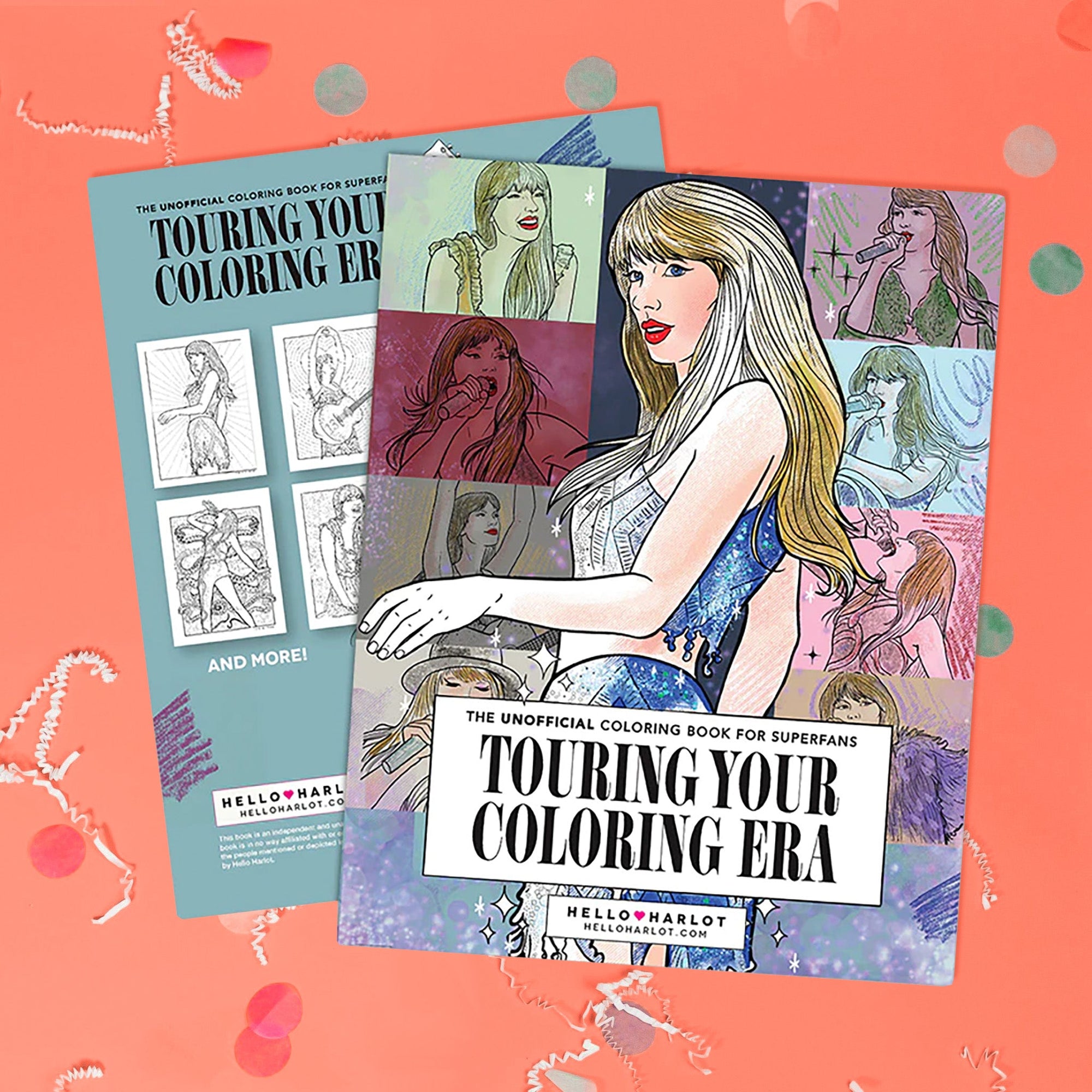 On a coral pink background sits coloring books with white crinkle and big, colorful confetti scattered around. This Taylor Swift inspired coloring book has illustrations of Taylor Swift in different colors and it says "THE UNOFFICIAL COLORING BOOK FOR SUPERFANS TOURING YOUR COLORING ERA" in black lettering. 