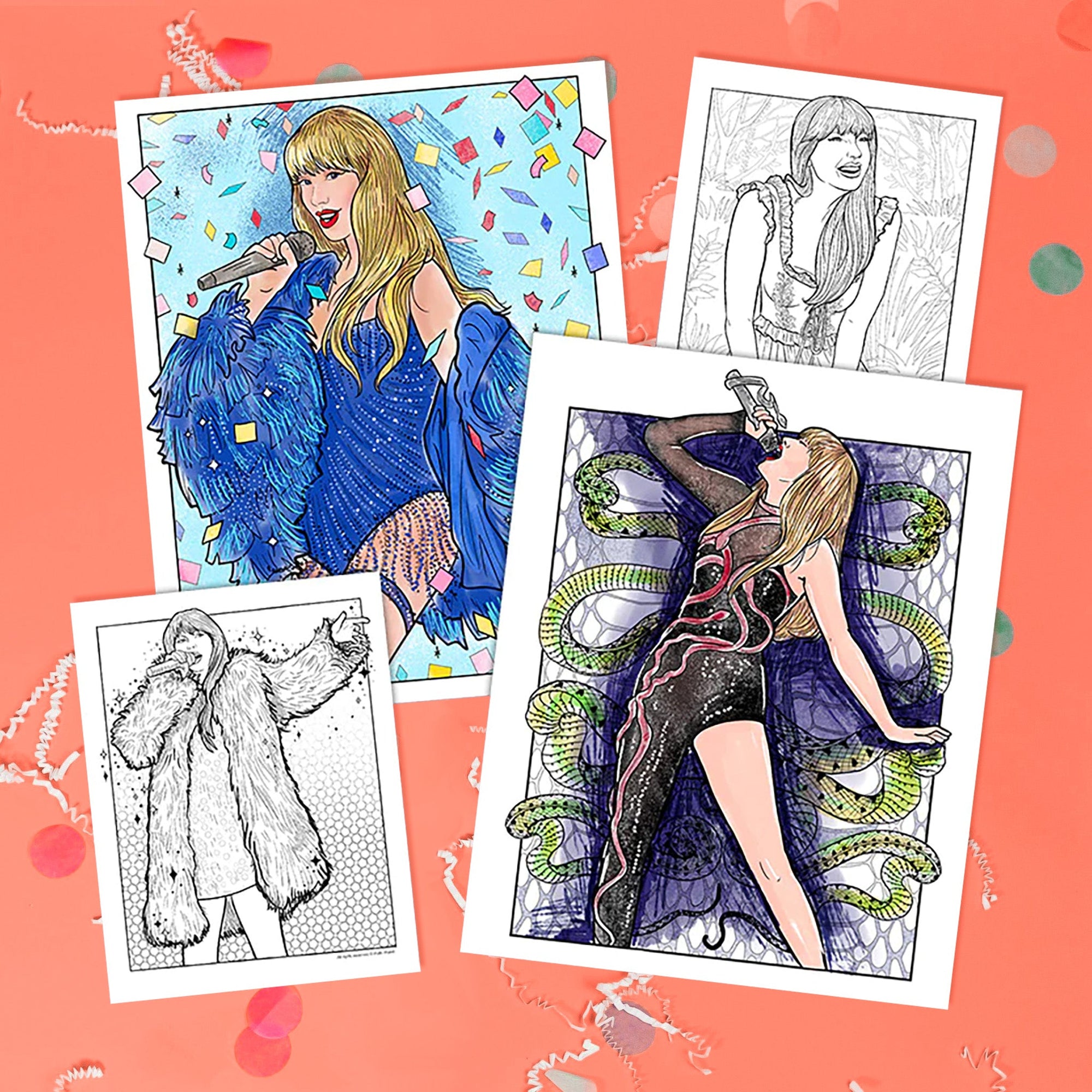 On a coral pink background sits coloring pages with white crinkle and big, colorful confetti scattered around. This Taylor Swift inspired coloring book has illustrations of Taylor Swift in different colors.