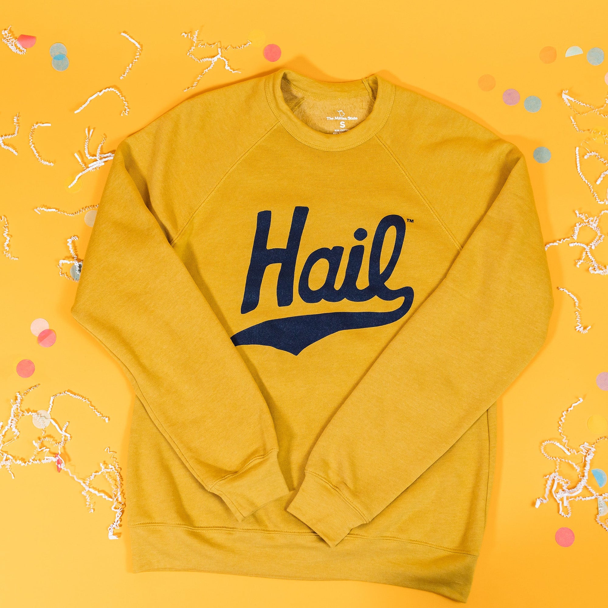 On a sunny mustard background sits a sweatshirt with white crinkle and big, colorful confetti scattered around. This mustard crewneck sweatshirt features a vintage, hand lettered "Hail" in navy.