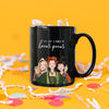 On a sunny mustard background sits a mug with white crinkle and big, colorful confetti scattered around. This black mug has a colorfuI illustration of three women form the hit movie 'Hocu Pocus'. It says "IT'S JUST A BUNCH OF hocus pocus" in white, handwritten lettering. There is white crinkle in the mug.