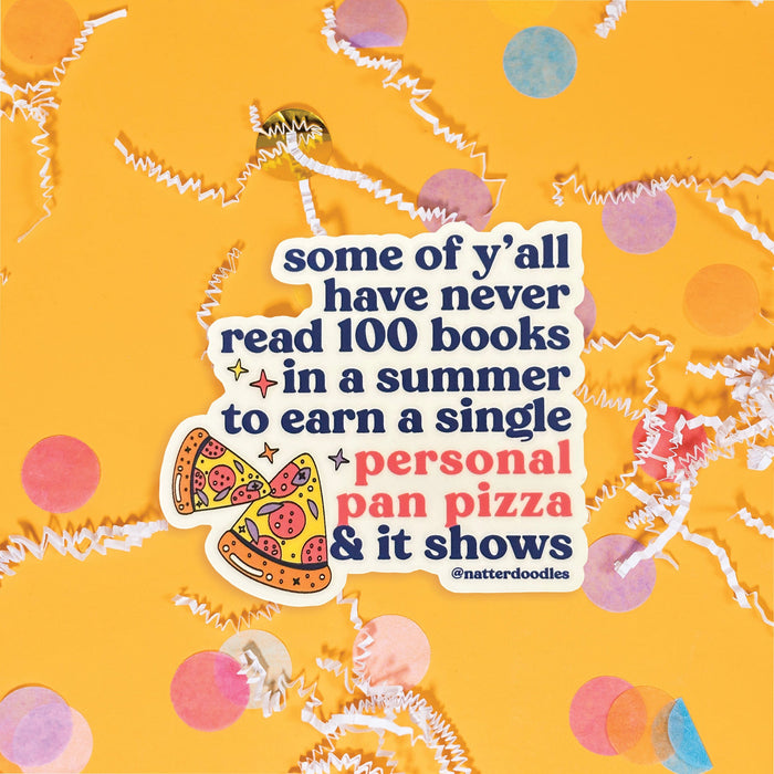 On a sunny mustard background sits a sticker with white crinkle and big, colorful confetti scattered around. This Chuck E. Cheese inspired colorful sticker has an illustration of a rat eating a slice of pizza above a black marquee with lights. It says "come on down to the MECHANICAL RAT PIZZA  & CHILD CASINO" in white handwritten lettering.