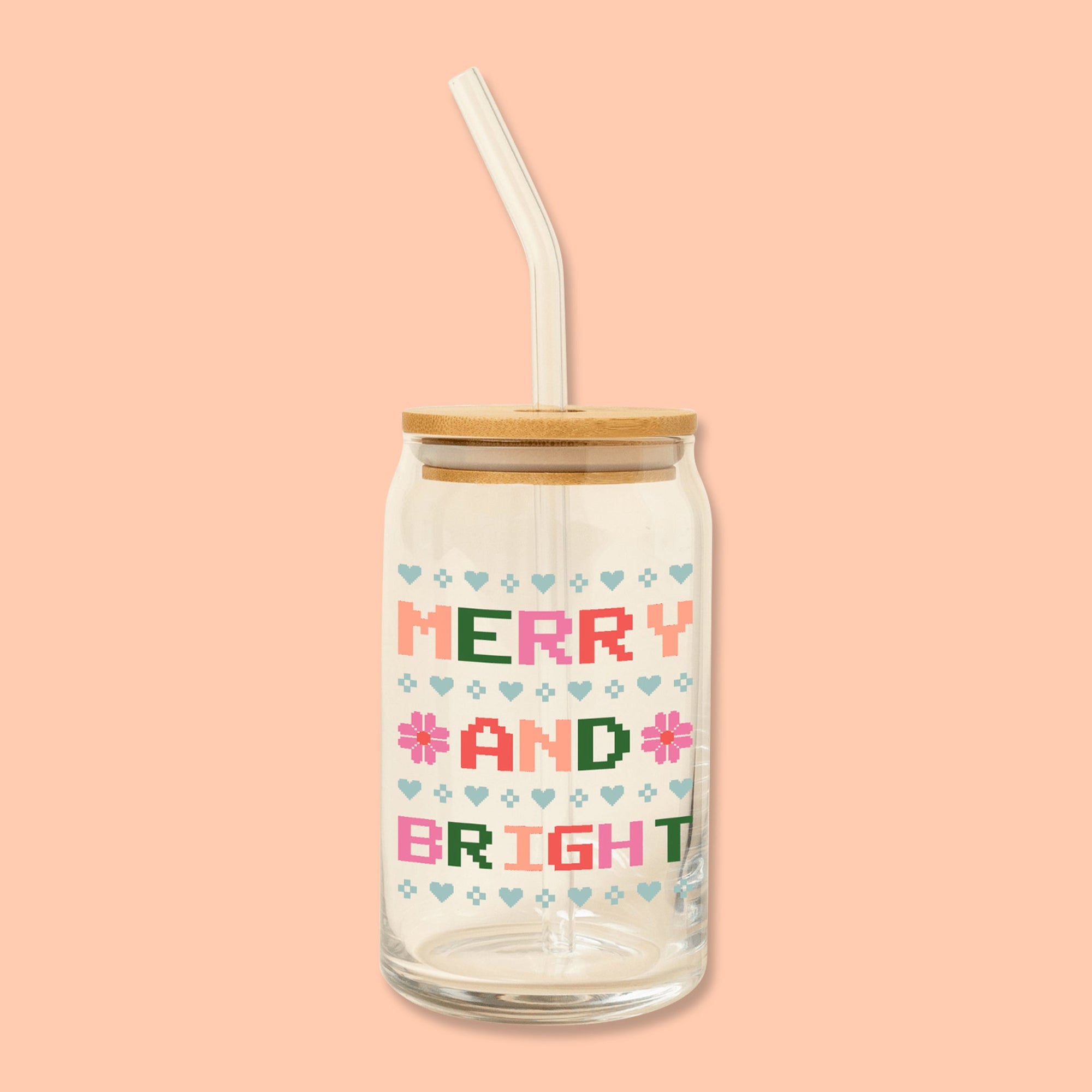 Merry & Bright Holiday Can Glass w/Lid + Straw