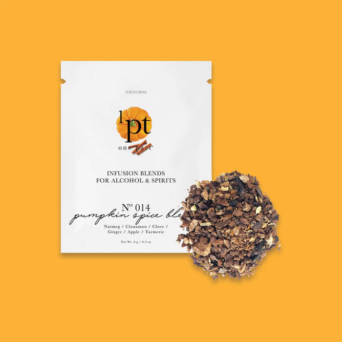 On a sunny mustard background sits a white packet. This One Part Co. single use packet has a picture of pumpkin and cinnamon sticks. It says "INFUSION BLENDS FOR ALCOHOL & SPIRITS" in black, all caps serif font. It is a No 014 'pumpkin spice blend' with flavors of 'Nutmeg / Cinnamon / Clove / Ginger / Apple / Turmeric'. It has seasoning contents of the packet scattered on the right side. Net Wt. 8g / 9.3oz