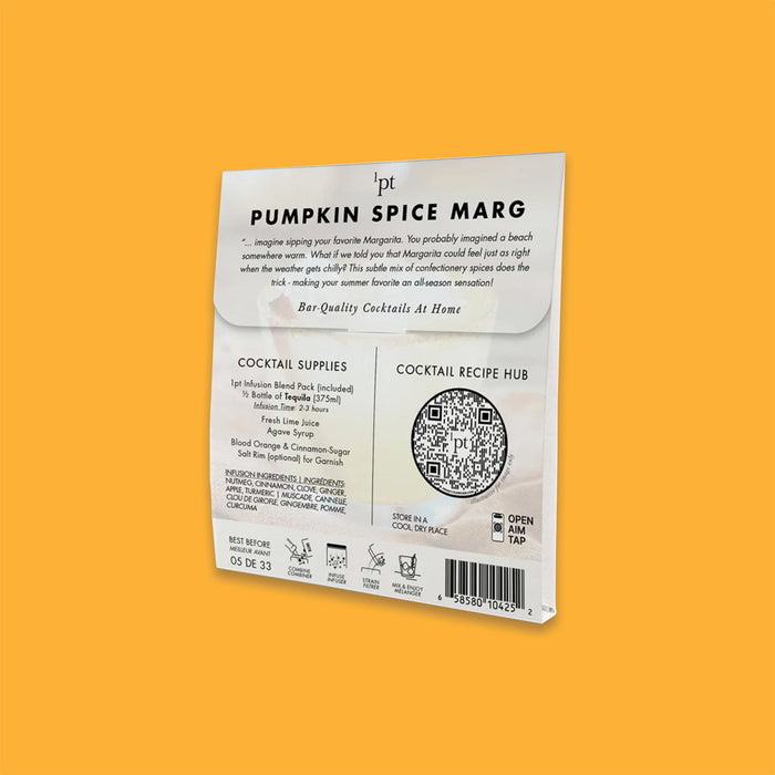 On a sunny mustard background sits a package. This One Part Co. package shows the back with information on cocktail supplies and a QR code on the right for more cocktail information. The 'COCKTAIL SUPPLIES' are '1pt Infusion Blend Pack (included)', '½ Bottle of Tequila (375ml) Infusion Time: 2-3 hours', 'Fresh Lime Juice', 'Agave Syrup', and 'Blood Orange & Cinnamon-Sugar Salt Rim'. Ingredients are 'Nutmeg, Cinnamon, Clove, Ginger, Apple, Turmeric'.