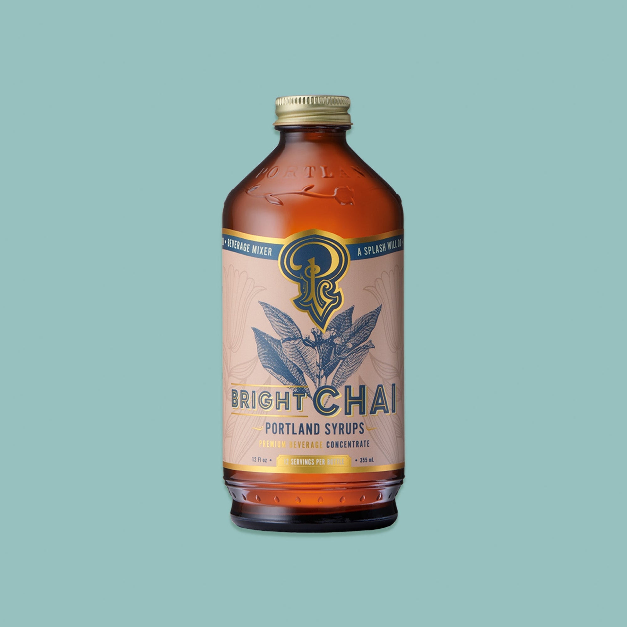 On a sage green background sits a brown bottle with a light pink label with gold border. It is filled with liquid. There is an illustration of a blue plant. It says in blue and gold lettering "BRIGHT CHAI PORTLAND SYURUPS PREMIUM BEVERAGE CONCENTRATE." '12 SERVINGS PER BOTTLE'. 12 Fl oz • 355 mL