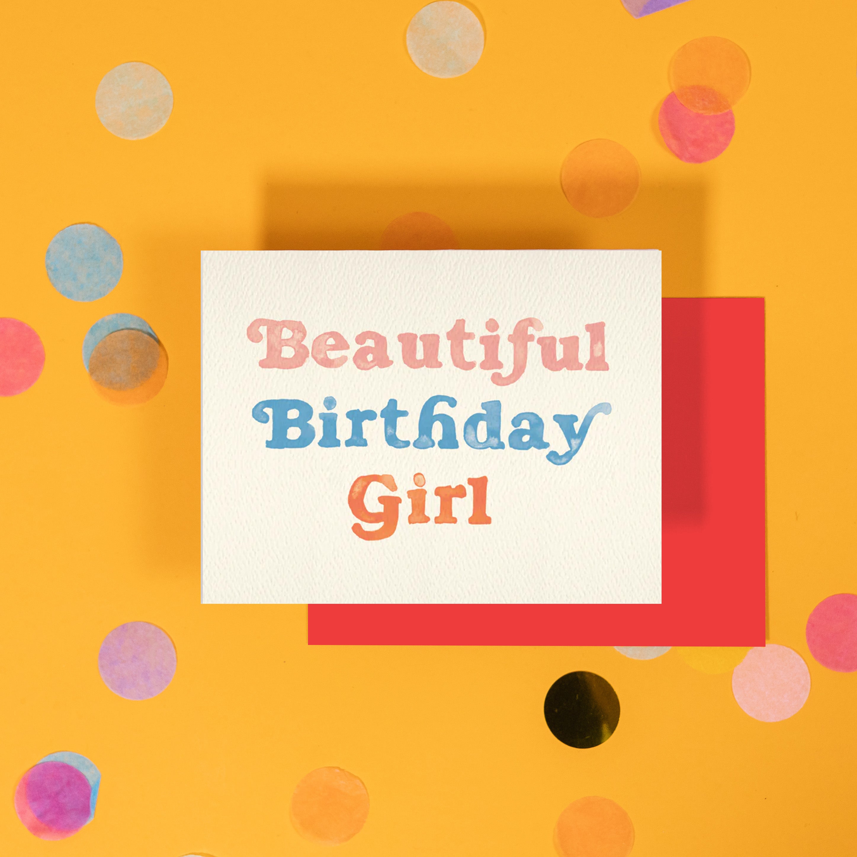 On a bright yellow background with colorful confetti sits a birthday card that reads "Beautiful Birthday Girl" painted with watercolors.