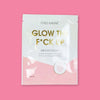 On a bubblegum pink background is a package. It is white and light pink and has an illustration of a woman's face with a mask on it. It says "CHEZ GAGNE" in black, all caps font. It also says "GLOW THE F*CK UP" in gold, all caps block font. "Brightening lyocell tranparent tissue mask with cress young growth extract" in black, serif font. 1 mask