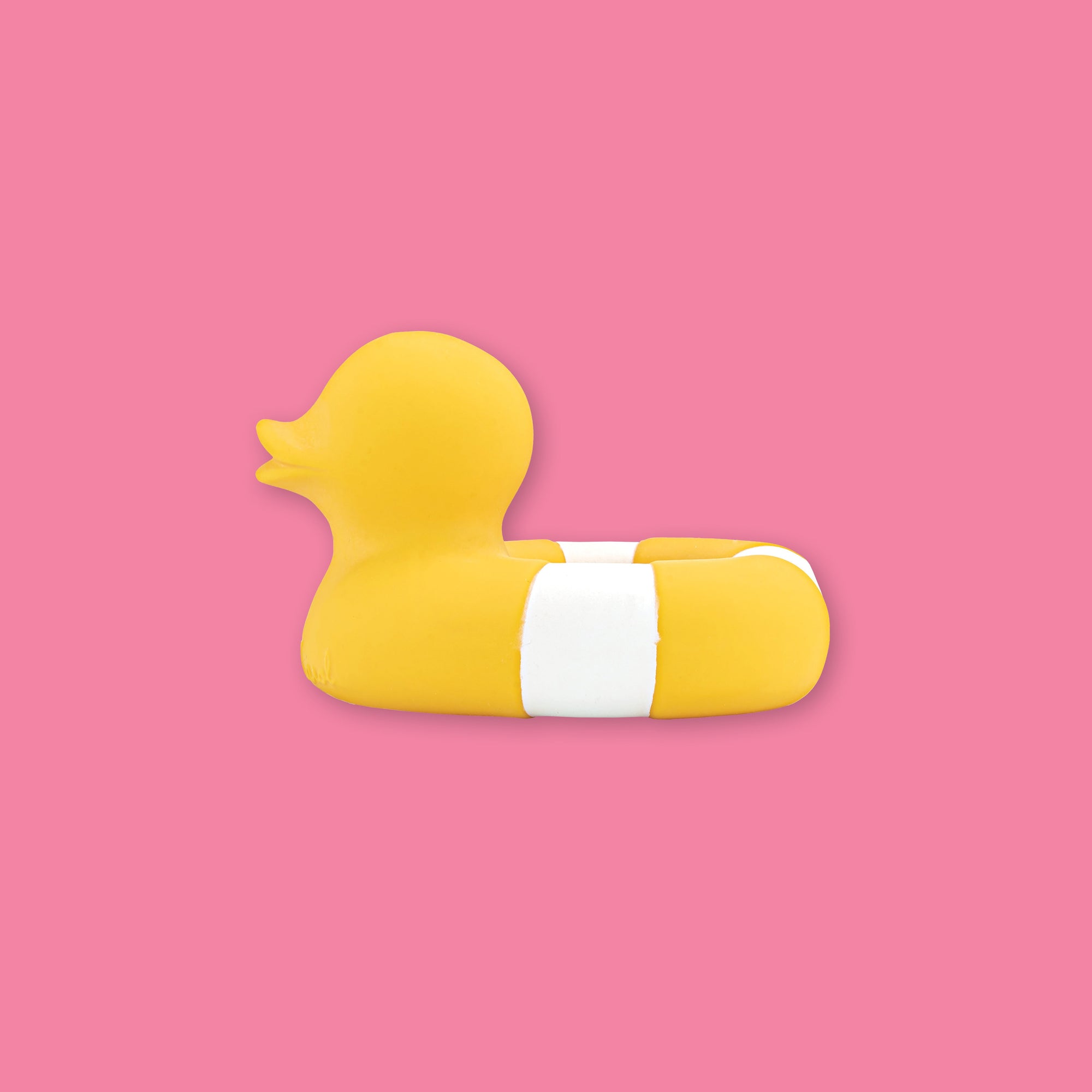 On a bubblegum pink background sits a yellow and white rubber duckie.