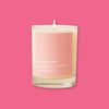 On a hot pink background sits a candle. This clear glass candle is lit and it has a light pink label on the front. It says "FOR FUCK'S SAKE" in white, all caps block font. It also says "smells like: WTF, how is that even possible, going back to bed," "with notes of: bergamot" in white, block font.