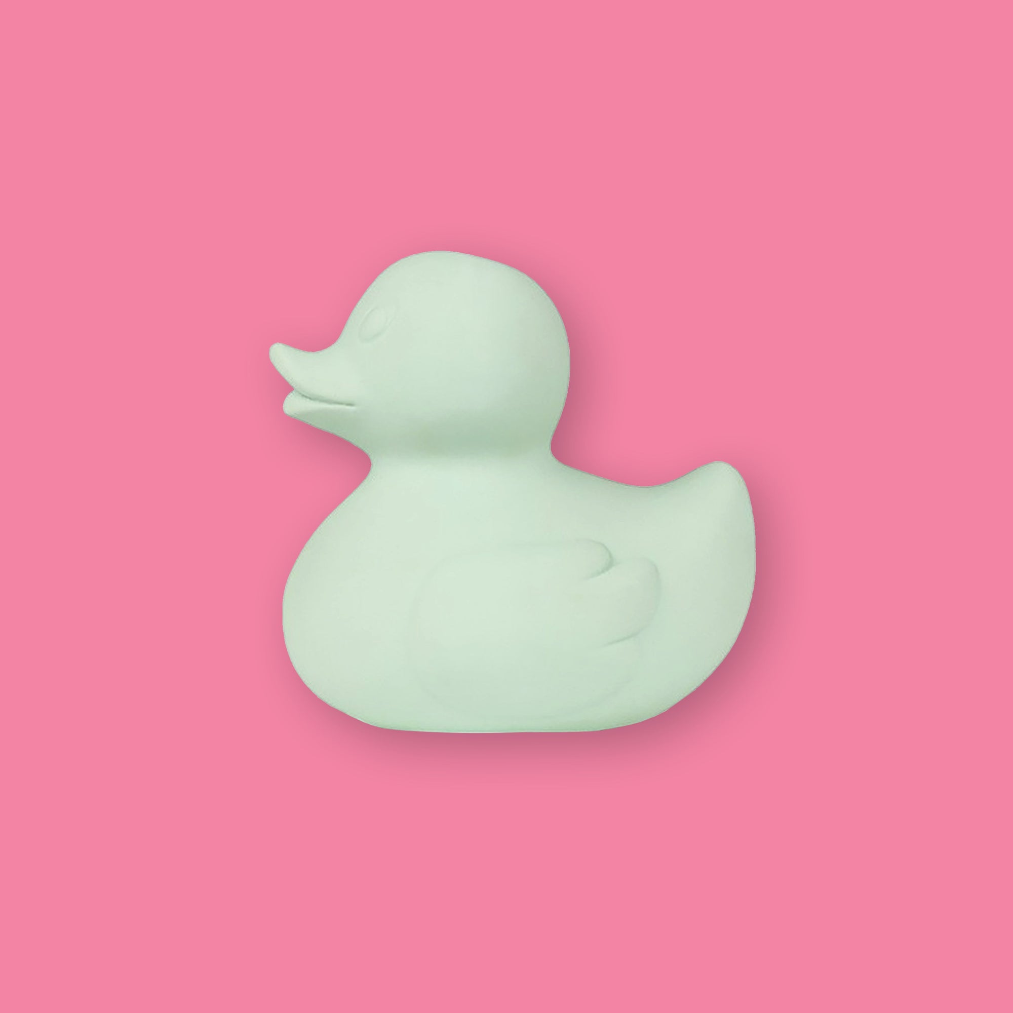 On a bubblegum pink background sits a sage green rubber duckie.