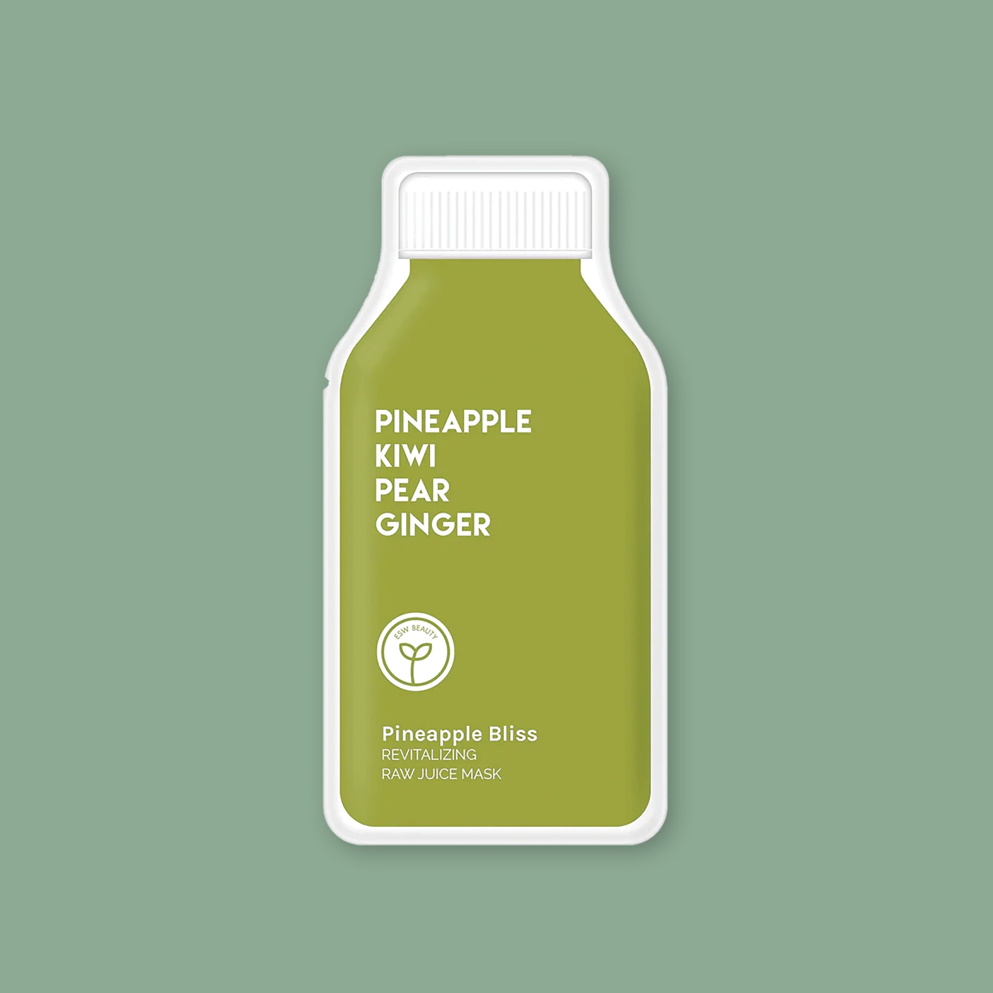 On a moss green background sits a pouch. This apple green puch has a white top and is outline in white. It says "PINEAPPLE KIWI PEAR GINGER" in white, all caps block font. It also says "Pineapple Bliss" and "REVITALIZING RAW JUICE MASK" in white, block font. 