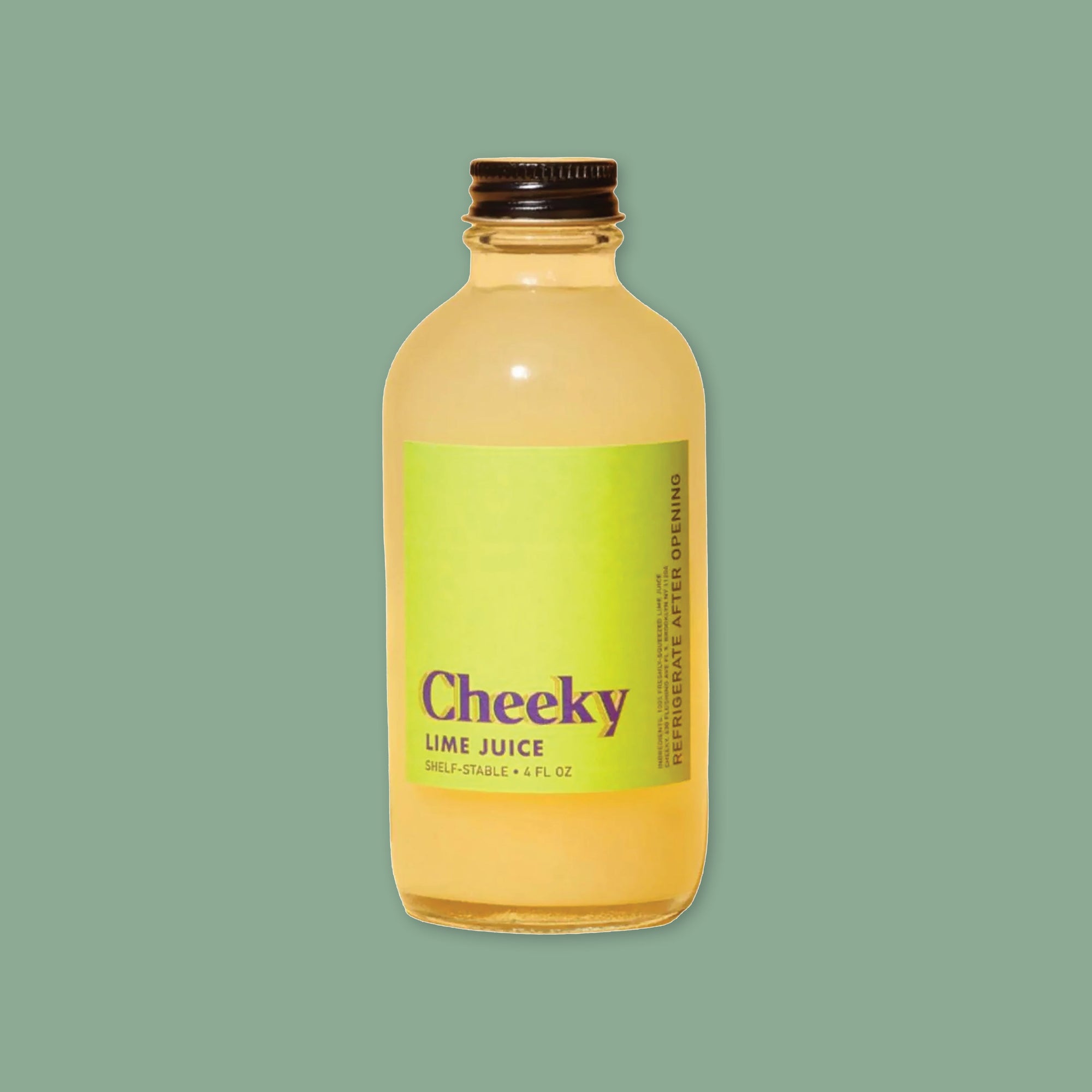 On a mossy green background sits a bottle. This clear bottle has a golden yellow liquid in it and a lime green label on the front. It says "Cheeky" in a purple, serif font. It also says "LIME JUICE" in purple, all caps block font. Shake well • Shelf-Stable • 4 Fl Oz