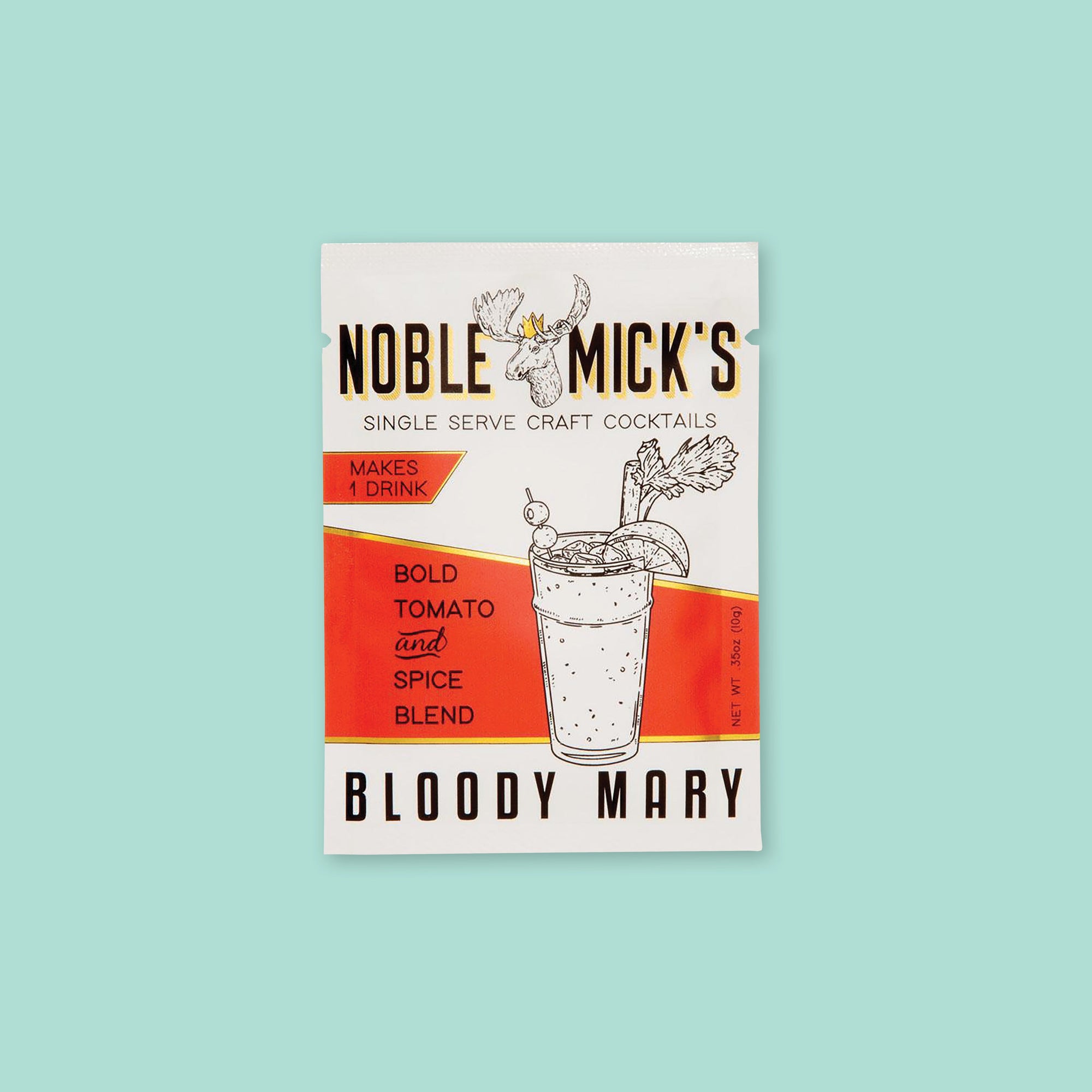 On a mint green background sits a package. This white package has red and gold labels and black, all caps block lettering. There is an illustration of a moose head and a bloody mary glass. It says "NOBLE MICK'S SINGLE SERVE CRAFT COCKTAILS," "MAKES 1 DRINK," "BOLD TOMATO and SPICE BLEND," "BLOODY MARY." Net wt .35oz (10g)