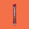 On an orangey-red background sits a maroon package. This package contains a pepperoni seasoned smoked meatstick. It says "FATTY" in white, bold font. It is 'made with pork raised without antibiotics, 1g total sugar, gluten-free, and no nitrates or nitrates added' and it has 14g protein. Net Wt 2 oz
