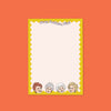 On an orangey-red background sits a white notepad. This Golden Girls inspired notepad has a mustard yellow wavy border and at the bottom are 4 illustrations of each character's  from the hit show. At the top it says "Stay Golden, Girl" in a white, groovy and wavy font. It has a light pink backdrop.