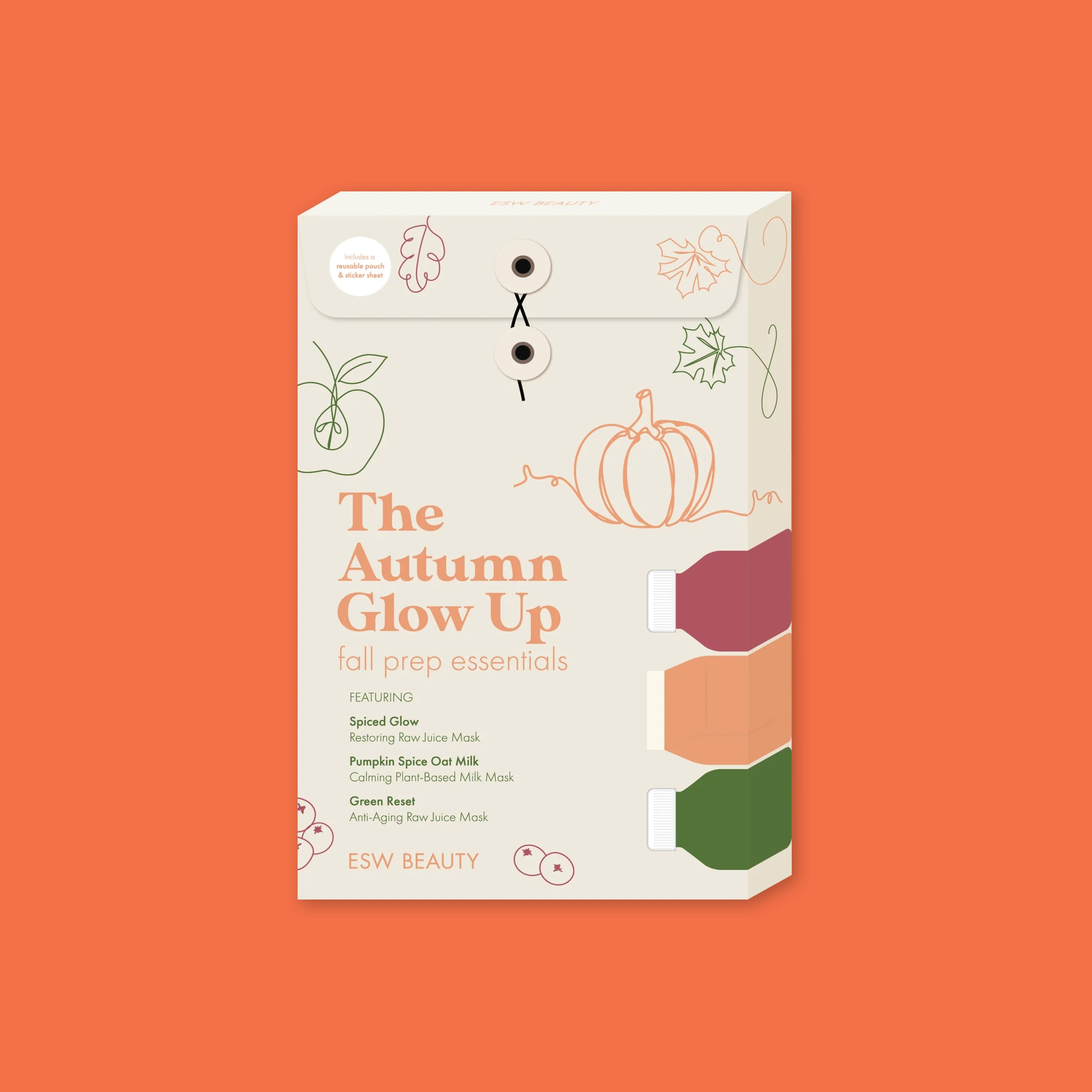 On an orange background sits an ESW BEAUTY box with fall themed line illustrations that says "The Autumn Glow Up: Fall Prep Essentials, Featuring Spiced Glow restoring raw juice mask, Pumpkin Spice Oat Milk calming plant-based milk mask, Green Reset anti-aging raw juice mask. Includes a reusable pouch and sticker sheet!"