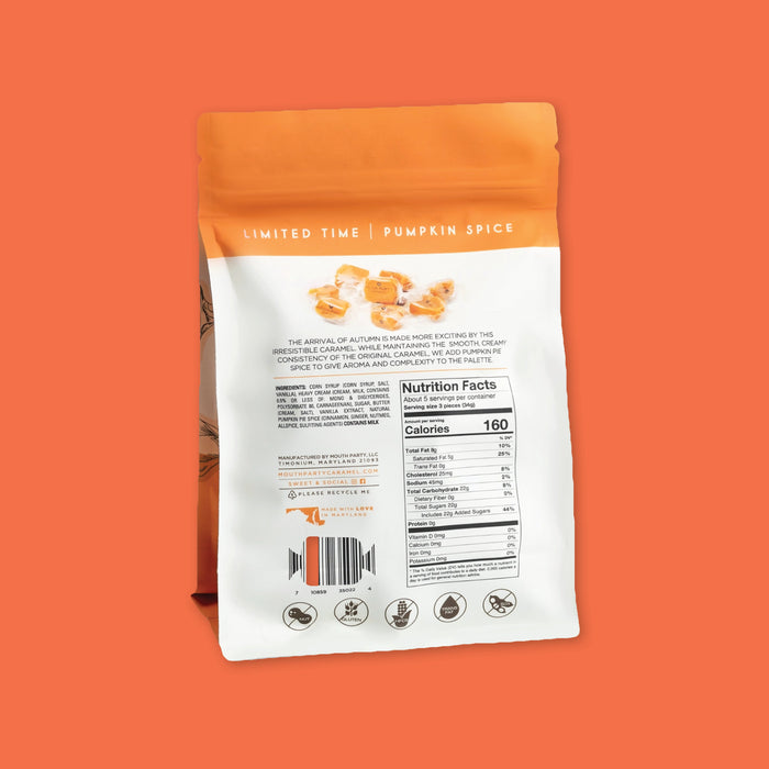 On an orange backgorund sits a 6 oz. orange bag of Gourmet Caramels with the back of the bag displayed including a description, brand info and nutrition information