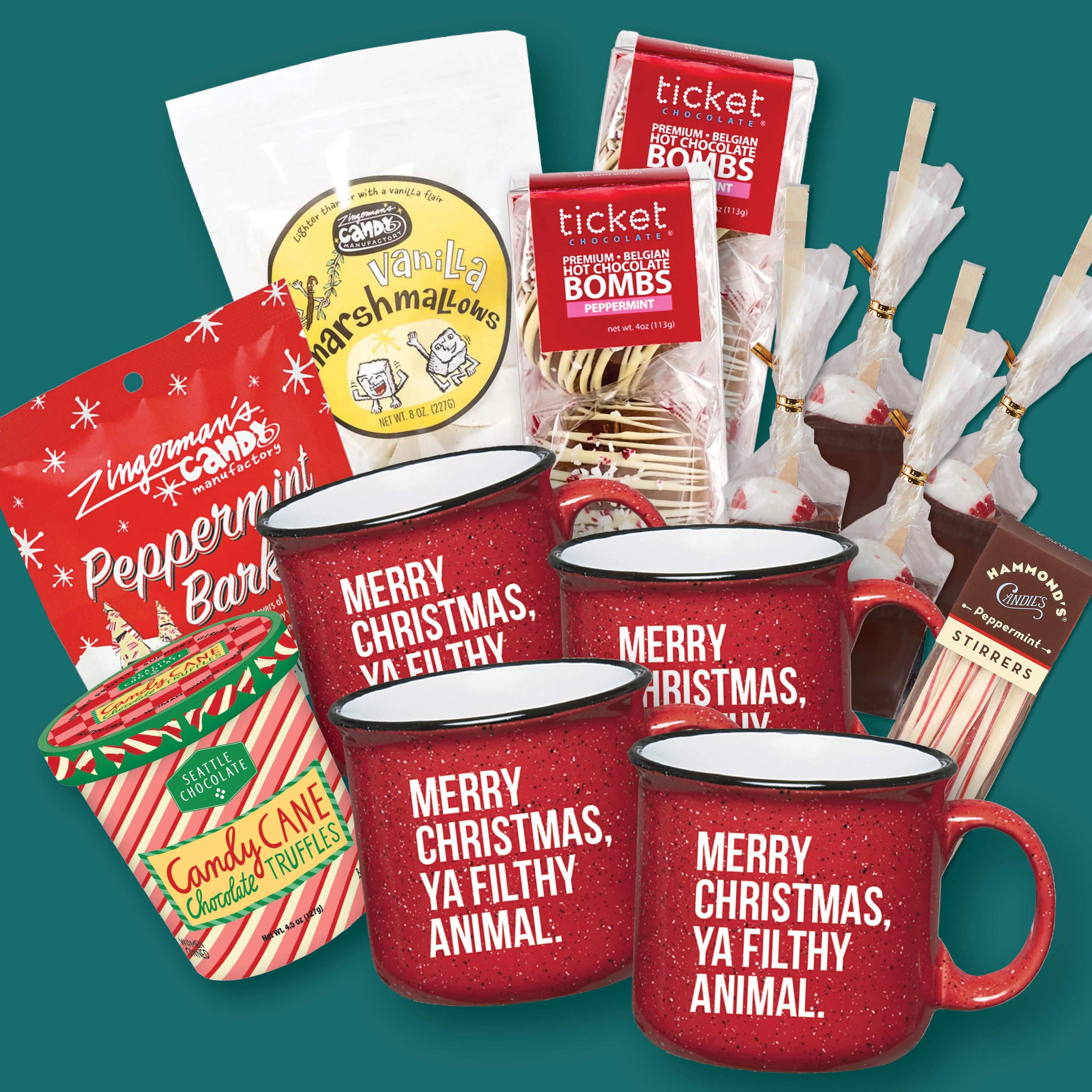 Merry Christmas Ya Filthy Animal Cocoa + Mug Bundle for Four