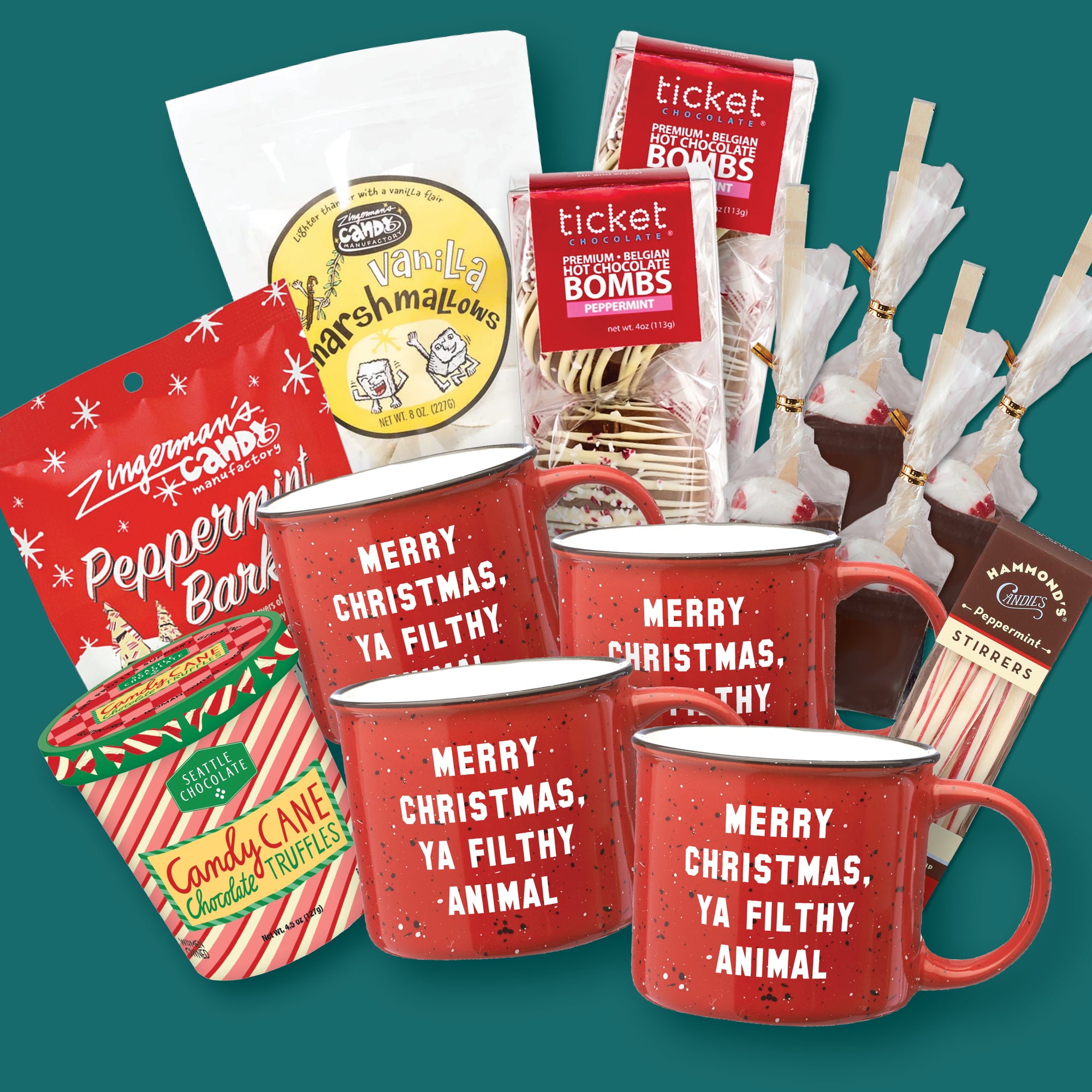 Merry Christmas Ya Filthy Animal Cocoa + Mug Bundle for Four