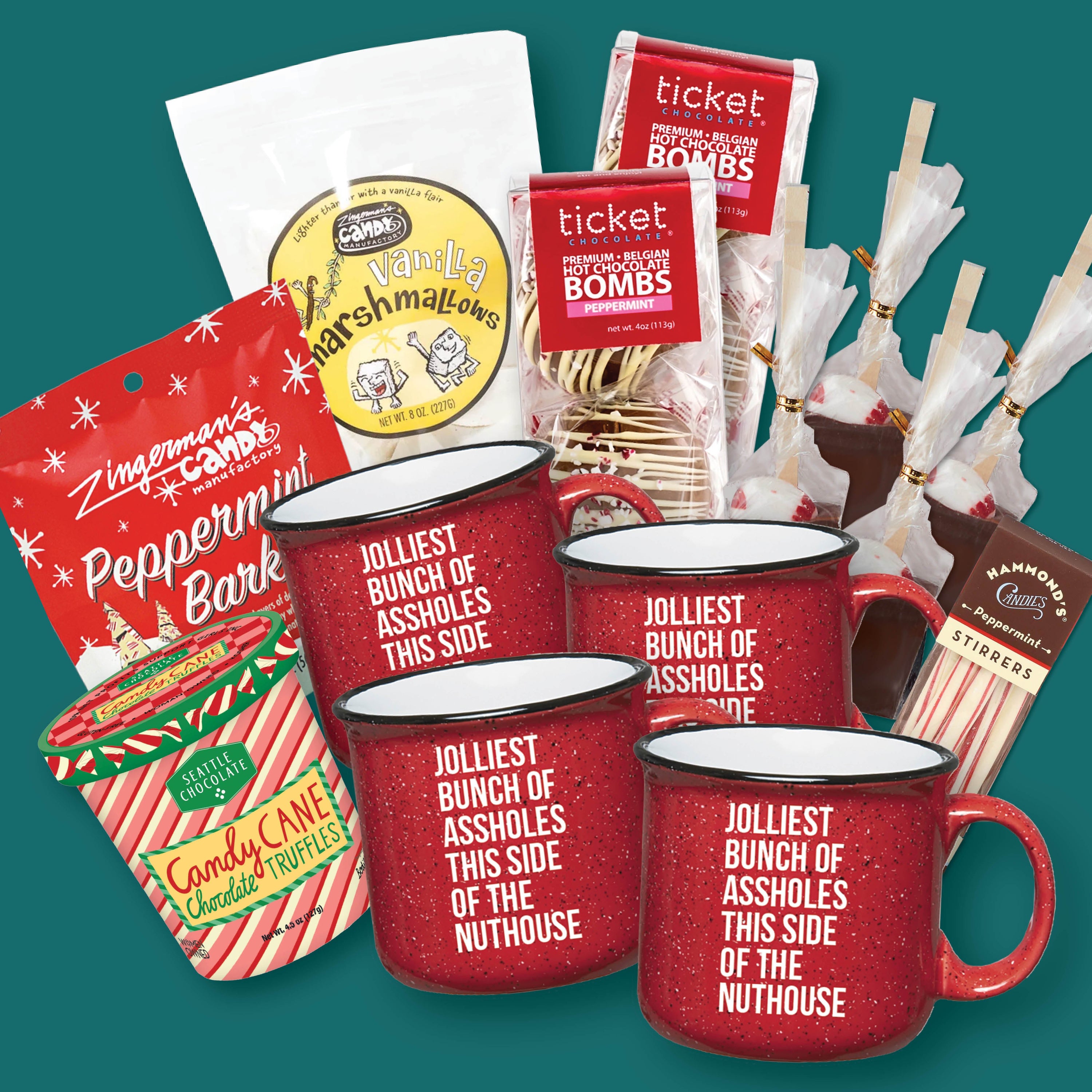 Jolliest Bunch of Assholes Cocoa + Mug Bundle for Four