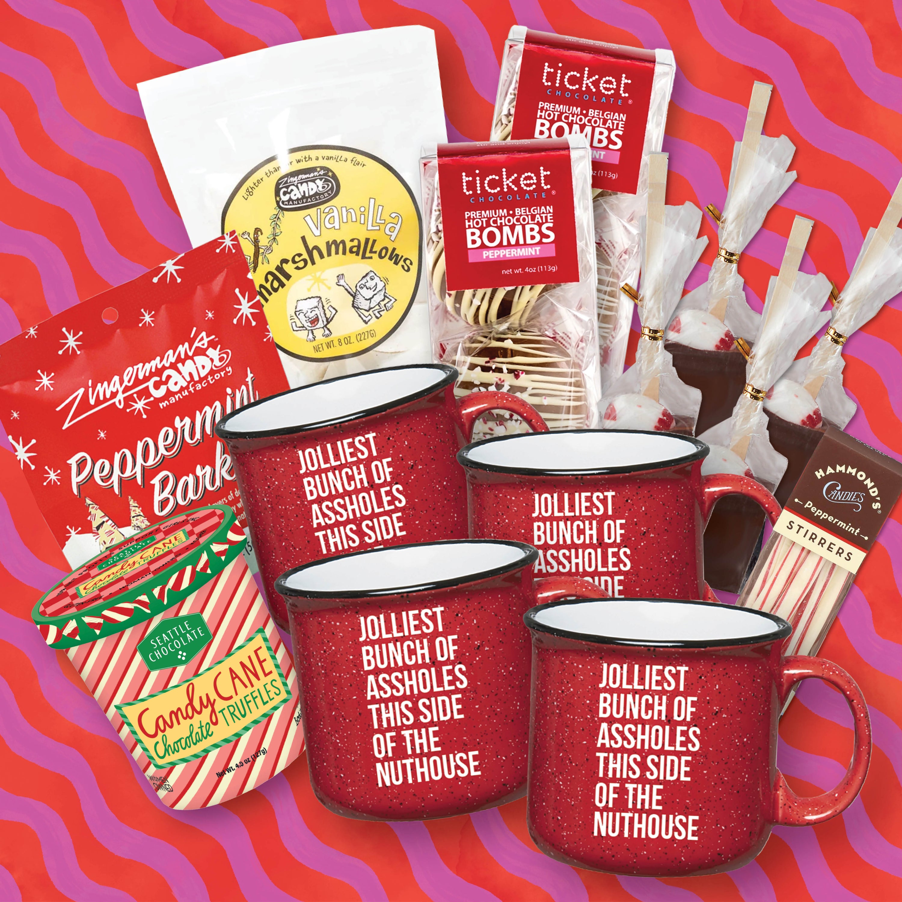 Jolliest Bunch of Assholes Cocoa + Mug Bundle for Four