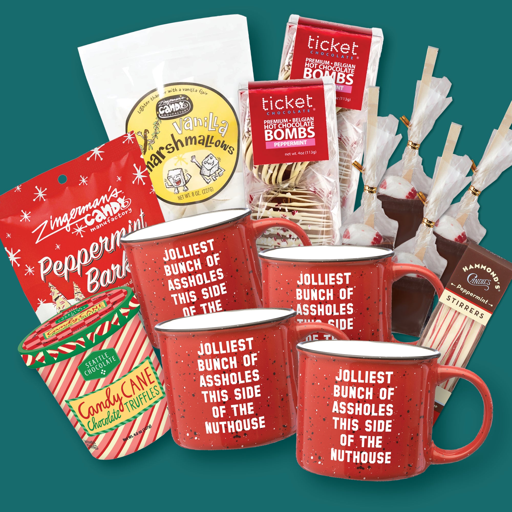 Jolliest Bunch of Assholes Cocoa + Mug Bundle for Four