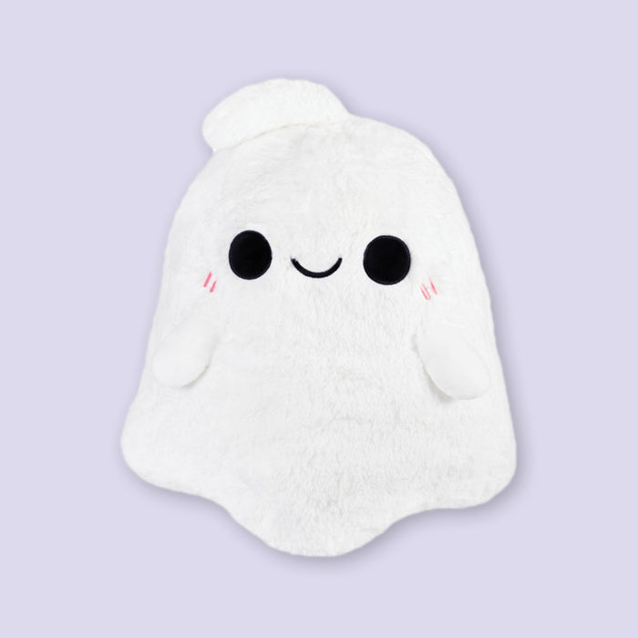 On a lavender background sits and adorable plush gost with a simple, adorable black animated face and a couple pink lines on each cheek.