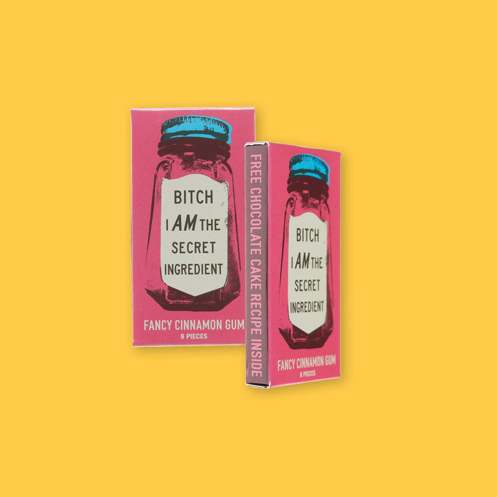 On a sunny mustard background sits two packages. Each package of gum is hot pink with an vinatage illustration of a salt shaker. The shaker is in chocolate brown with a turquoise top. It says "BITCH I AM THE SECRET INGREDIENT" in chocolate brown, all caps block font. It says on the bottom "FANCY CINNAMON GUM" in white, all caps block font. To the right is the same package show the side view of it. It says "FREE CHOCOLATE CAKE RECIPE INSIDE" in hot pink on a chocolage brown background. 8 pieces