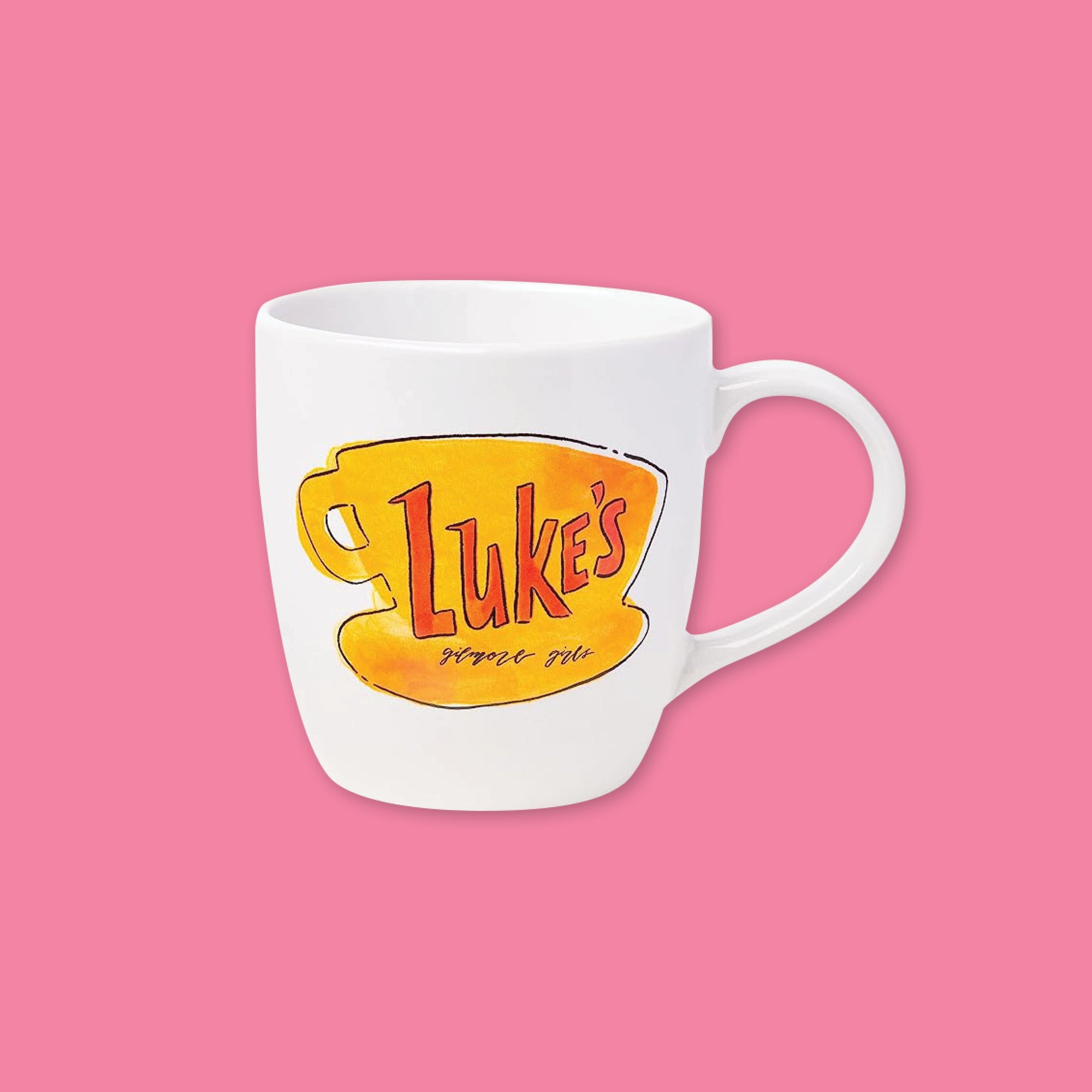 On a bubblegum pink background is a bistro-style, white mug with a Gilmore Girls-inspired "Luke's" watercolor illustration in red and yellows.