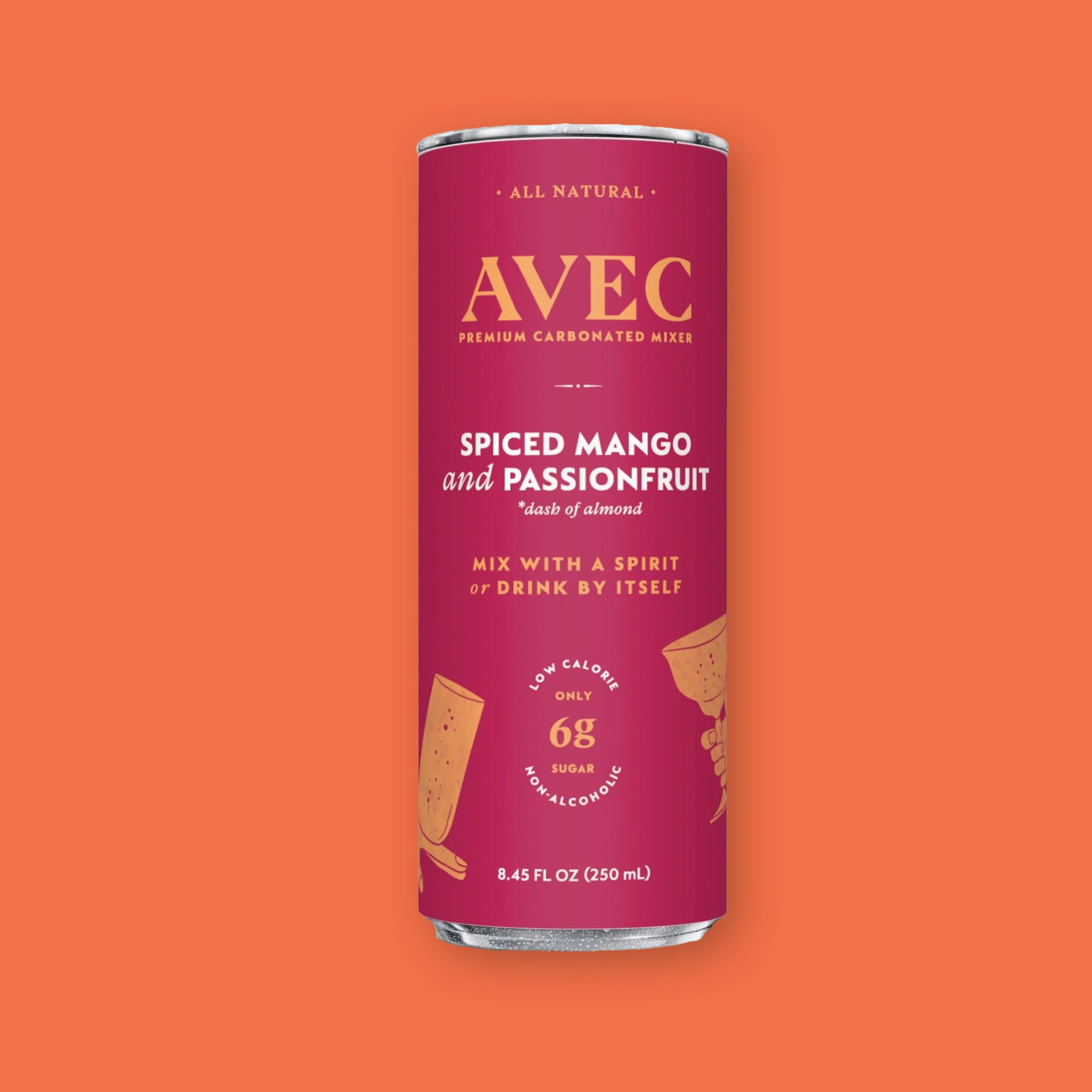 On a coral orange background sits a can of AVEC premium carbonated mixer. This can is fuchsia and the flavor is Jalapeno and Blood Orange. It is all natural and says "Mix With a Spirit or Drink By Itself." It has only 6 grams of sugar and is low calorie. 
