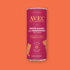 On a coral orange background sits a can of AVEC premium carbonated mixer. This can is fuchsia and the flavor is Jalapeno and Blood Orange. It is all natural and says "Mix With a Spirit or Drink By Itself." It has only 6 grams of sugar and is low calorie. 