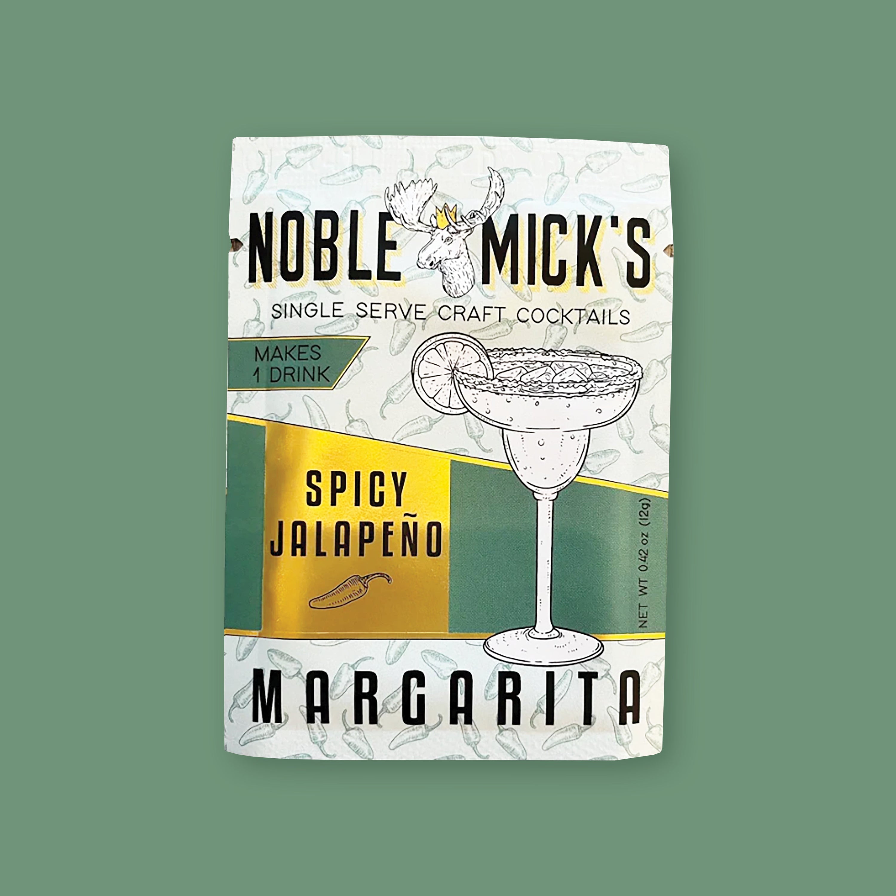 On a seafoam background sits a cocktail mix. It is Noble Mick's Single Serve Craft Spicy Jalapeno Margarita mix. 0.42 oz (12g)