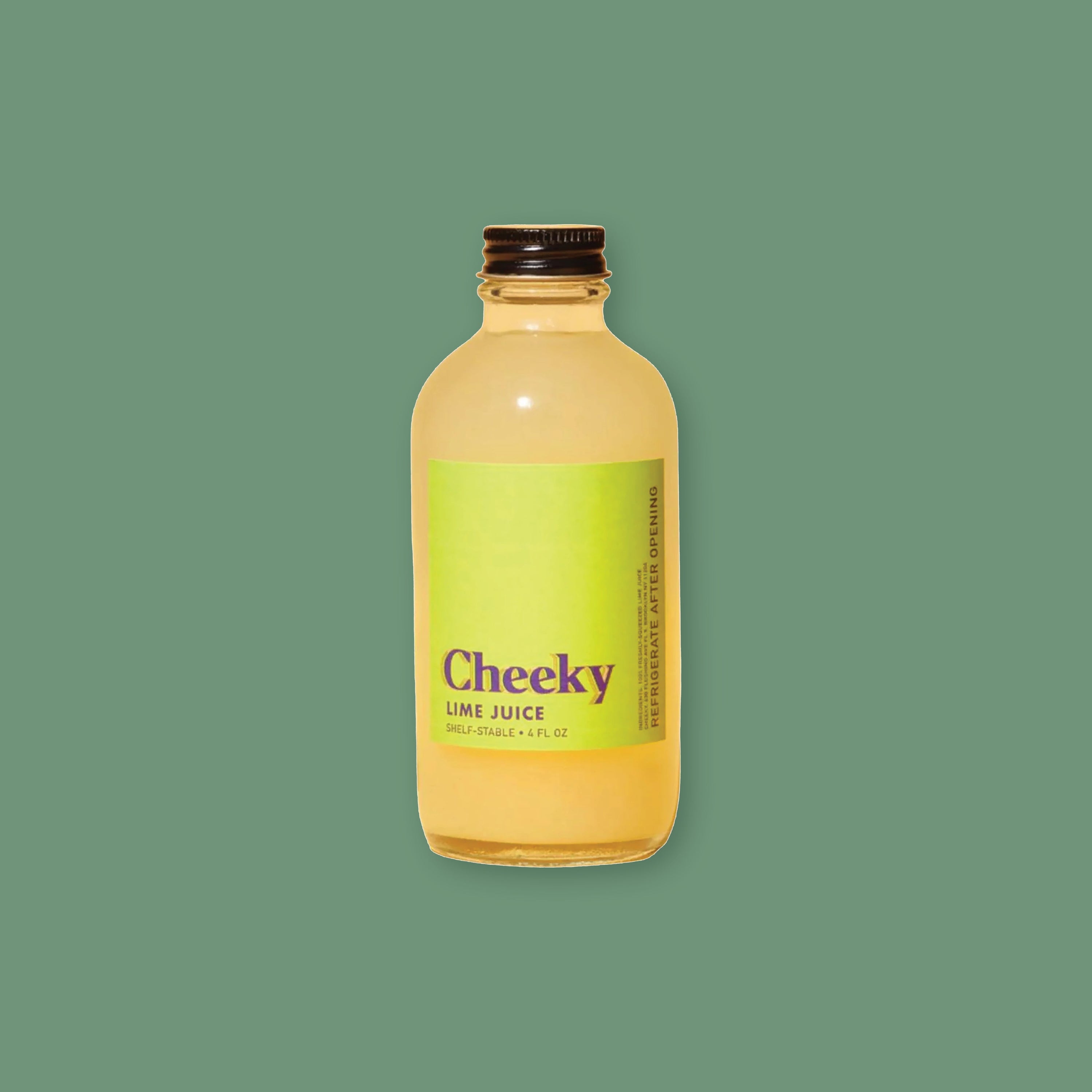 On a seafoam background sits a bottle of Cheeky Lime Juice. This lime juice is shelf-stable when unopened, but we’d recommend using as soon as possible, and within a year of purchase. Always refrigerate after opening, and consume within 3 days of opening for optimal flavor. 4 oz