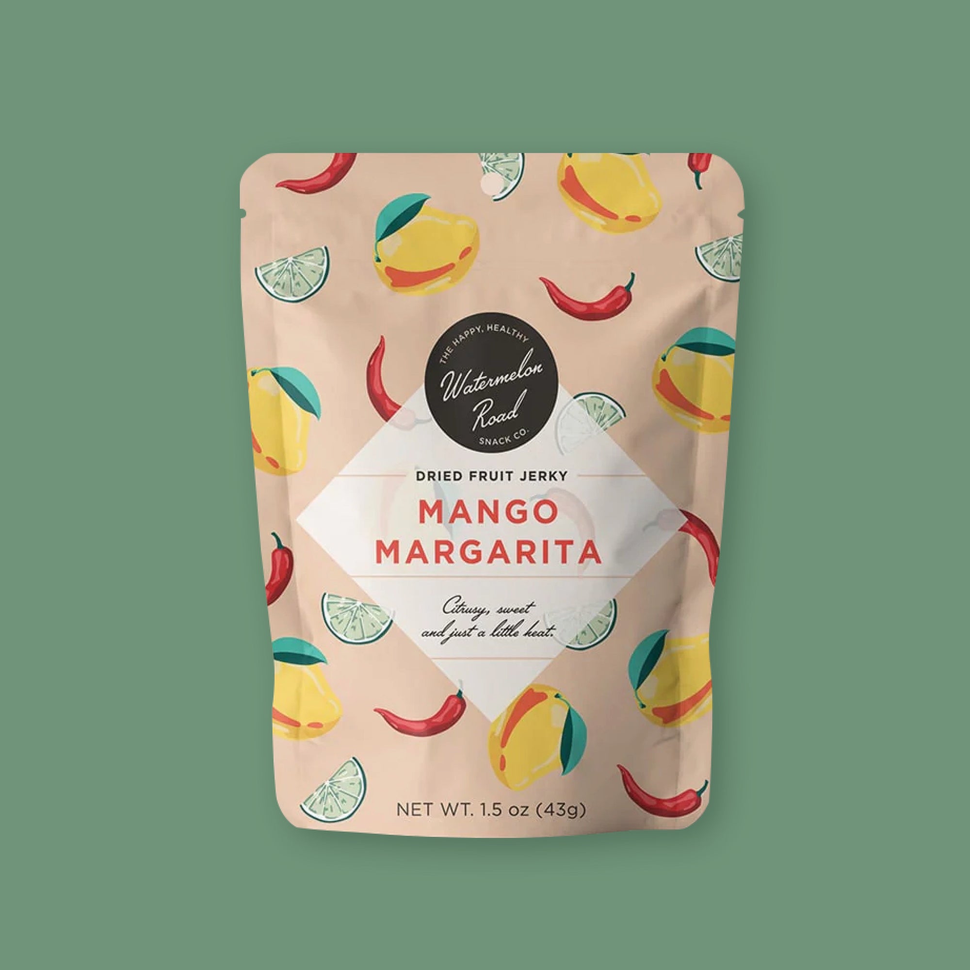 On a seafoam background sits a package. The peach package is Watermelon Road Snack Co. Mango Margarita Dried Fruit Jerky. It is "Citrusy, sweet and just a little heat." It has illustrations of limes, jalapenos, and mangos all over the package. 1.5 oz (43g)