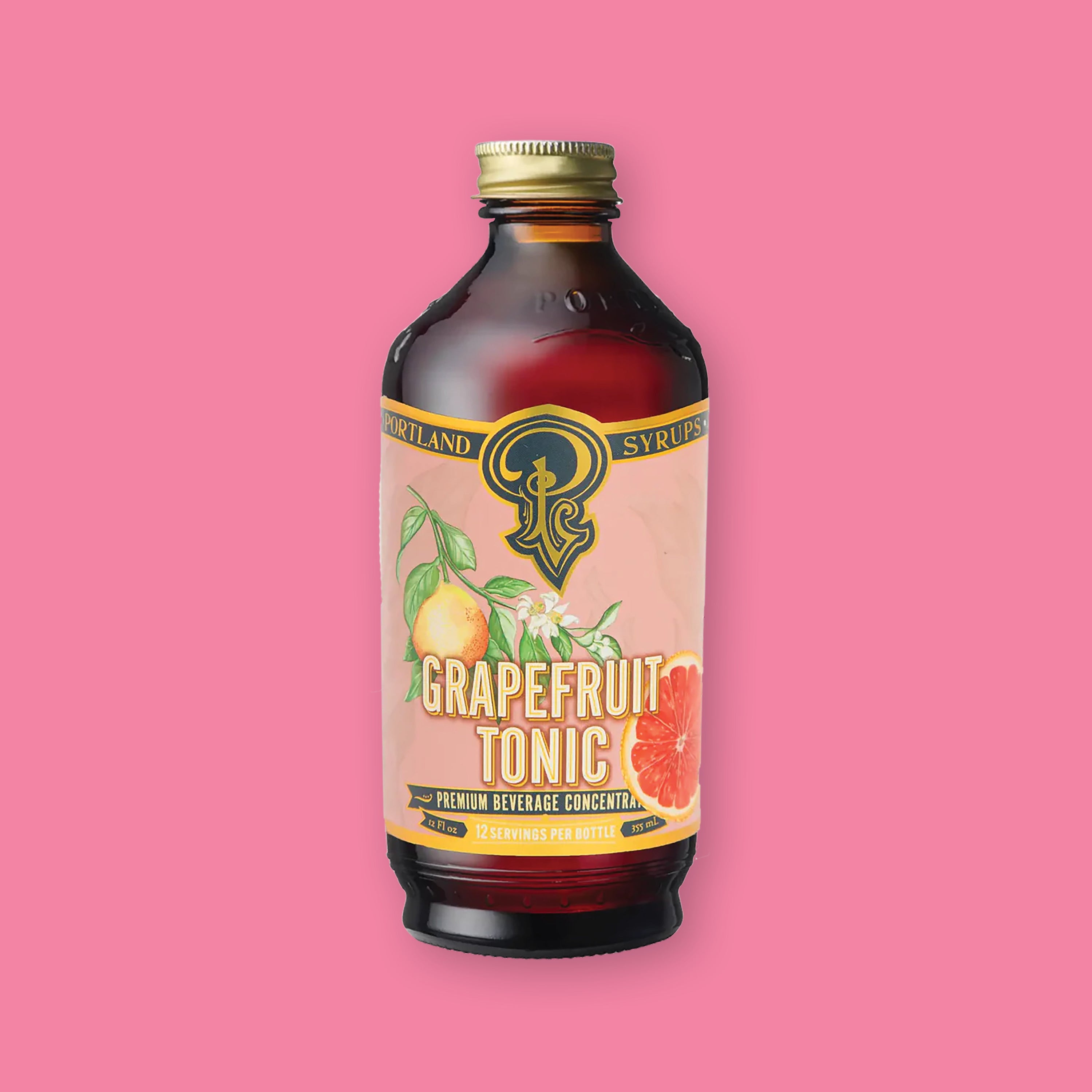 On a bubblegum pink background sits a bottle of Portland Sryups Grapefruit Tonic Premium Beverage Concentrate. The ingredients are water, grapefruit pureé, organic cane sugar, lemon pureé, elderflower, grapefruit peel, citric acid. It has illustrations of grapefruits.