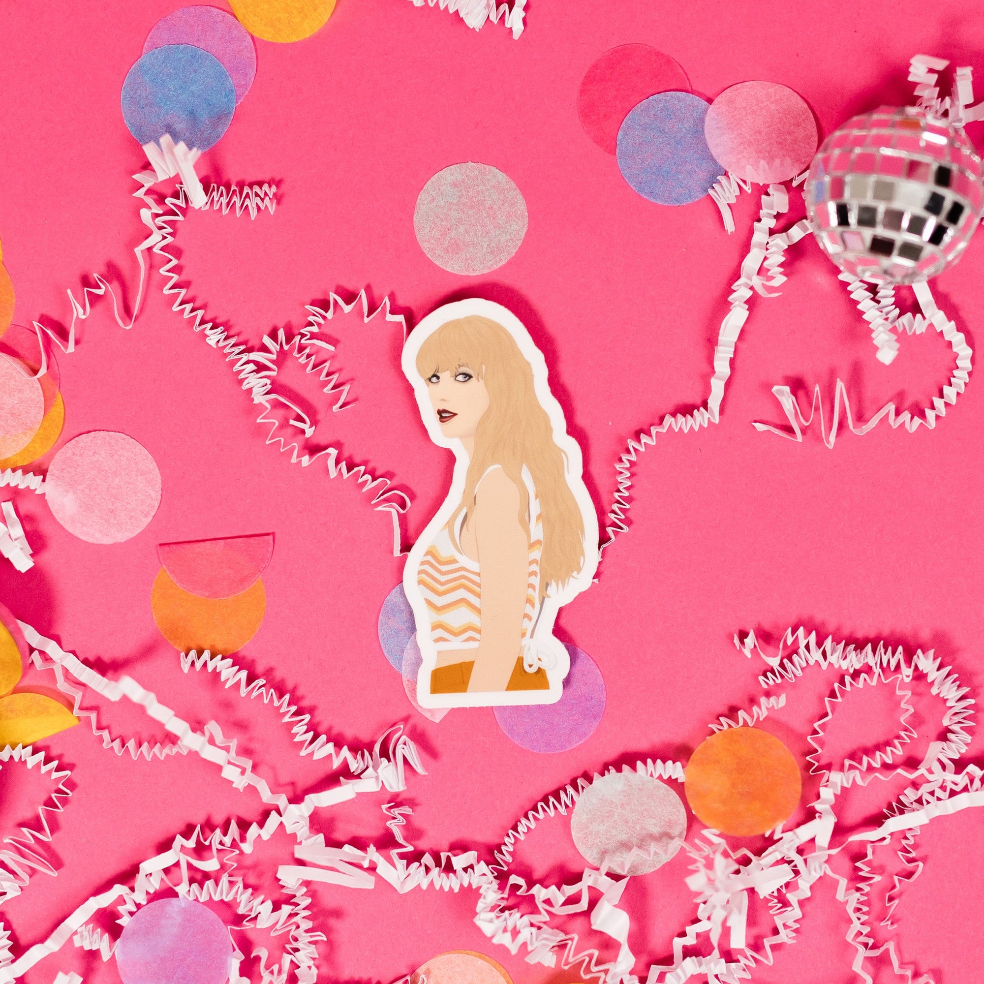 On a hot pink background sits a sticker with white crinkle and big, colorful confetti scattered around. There is a mini disco ball. This Taylor Swift inspired sticker is an illustration of Taylor Swift.
